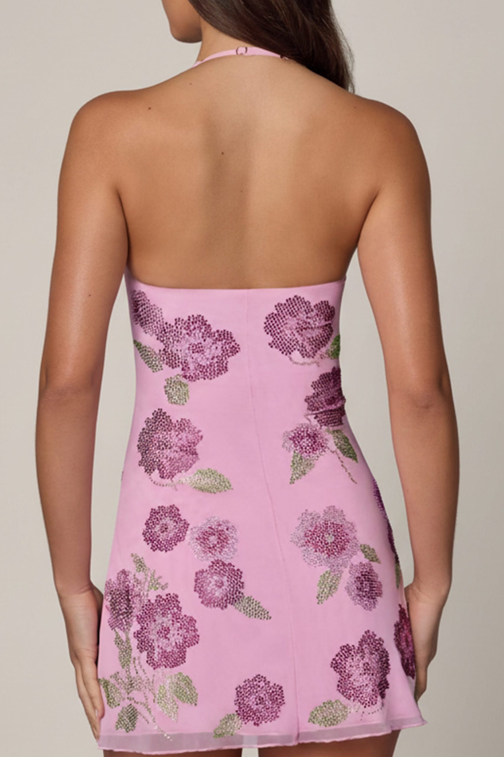 Embellished Halterneck Mini Dress in Soft Pink - Image 2
