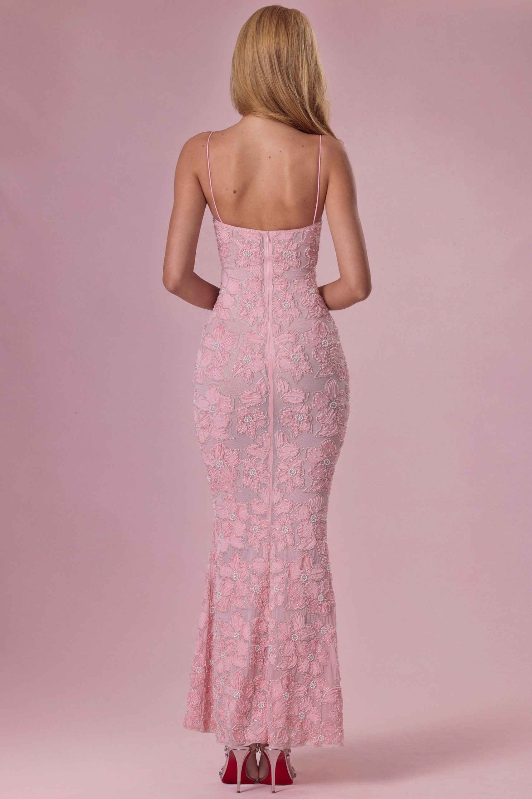 Embellished Square Neck Maxi Dress in Blush Pink - Image 3