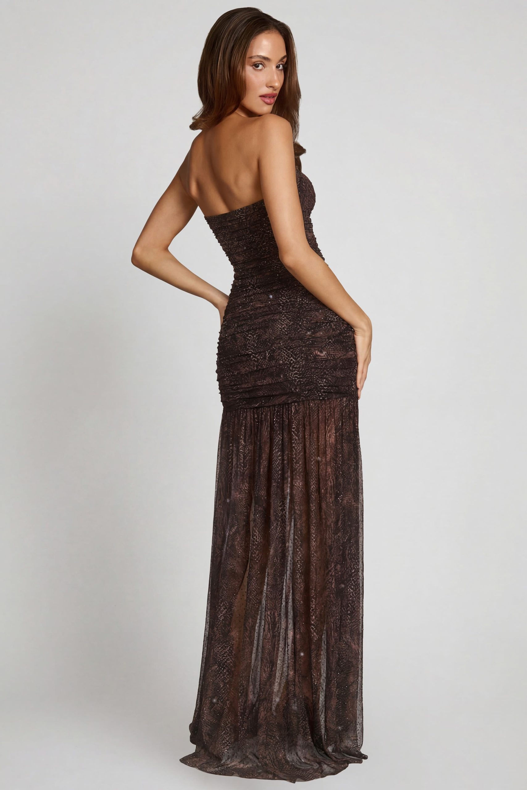Embellished Bandeau Gathered Maxi Dress in Snake Hotfix - Image 5