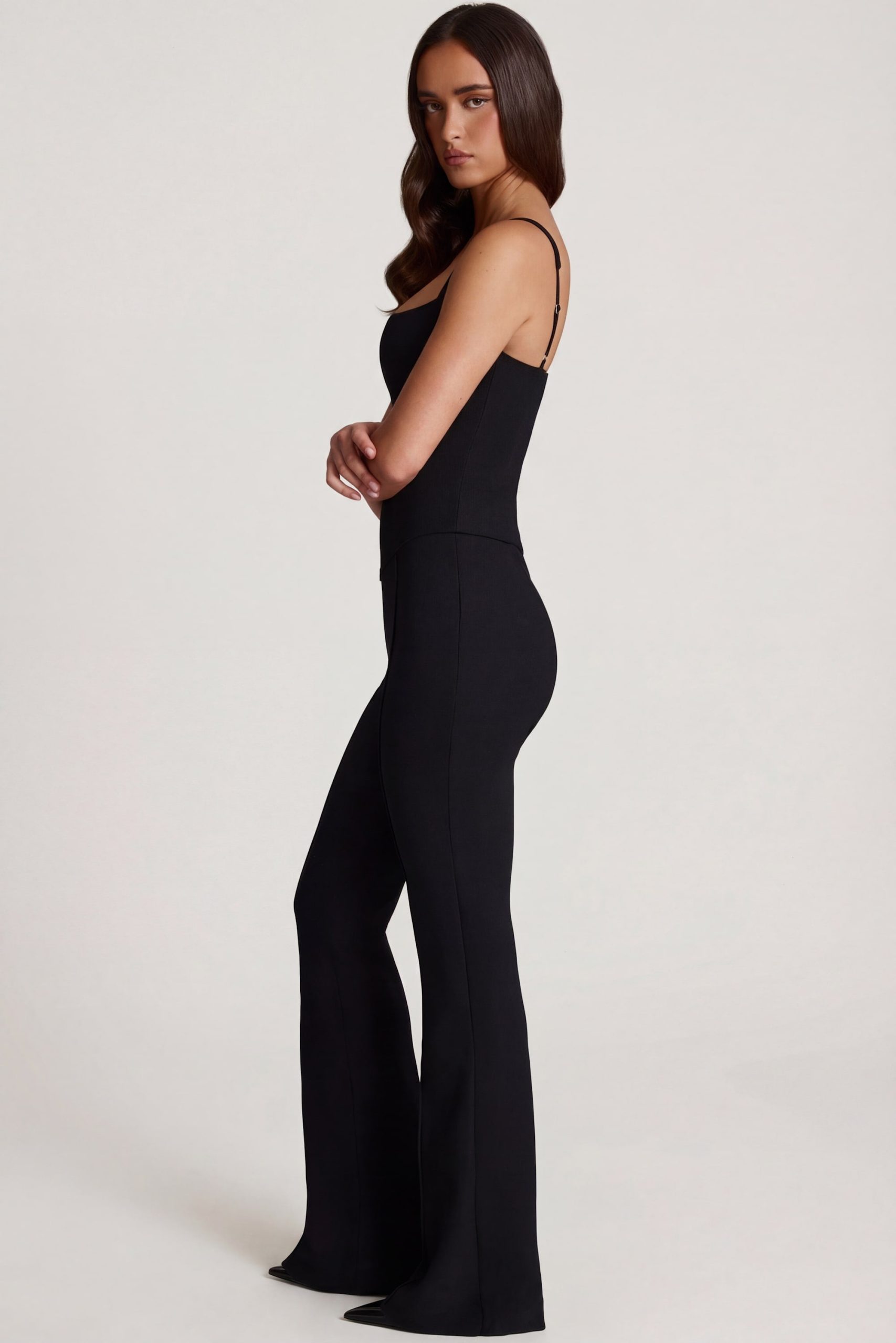 Scoop-Neck Corset Flared Leg Jumpsuit in Black - Image 3