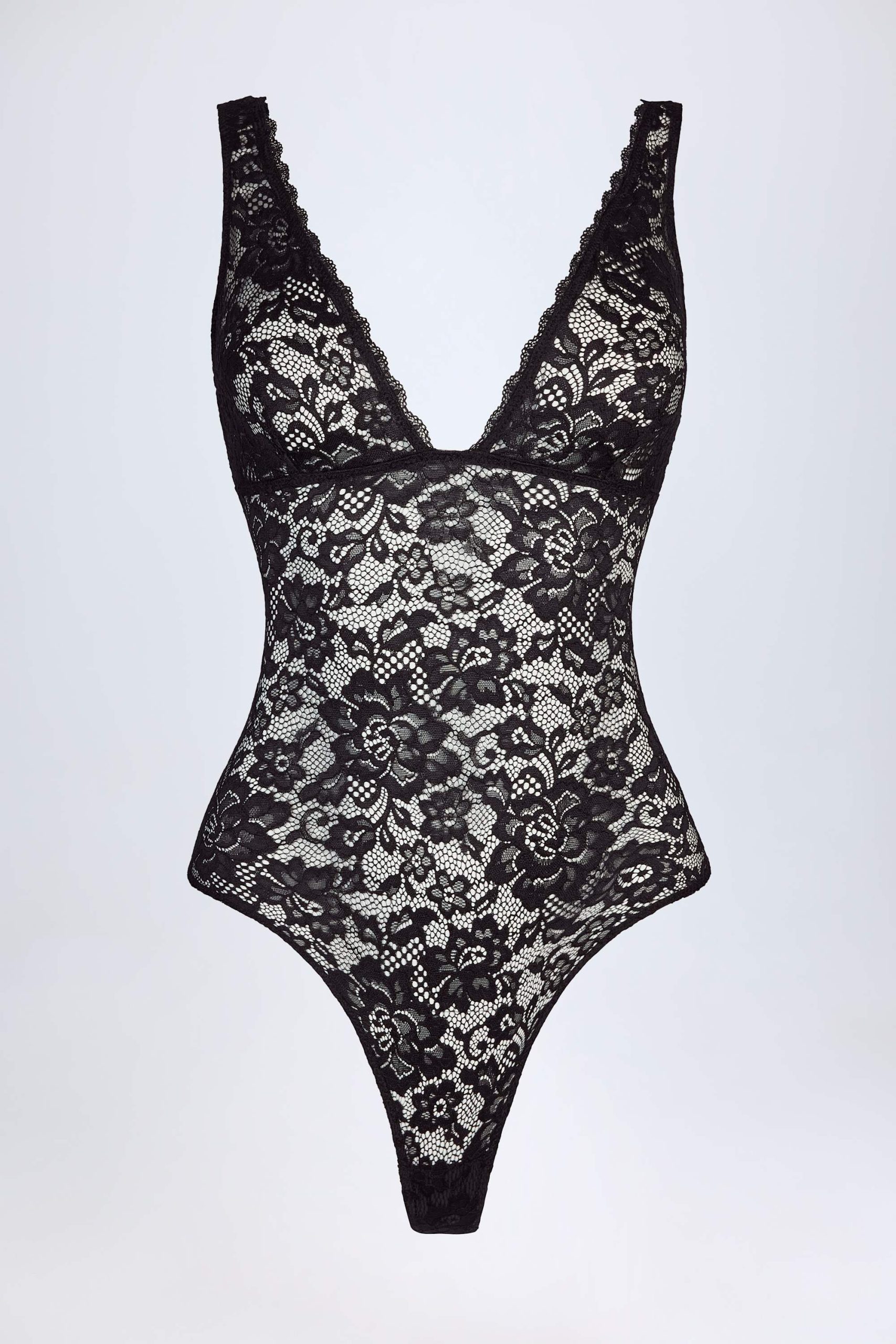 Sheer Lace Scalloped Plunge-Neck Bodysuit in Black - Image 5