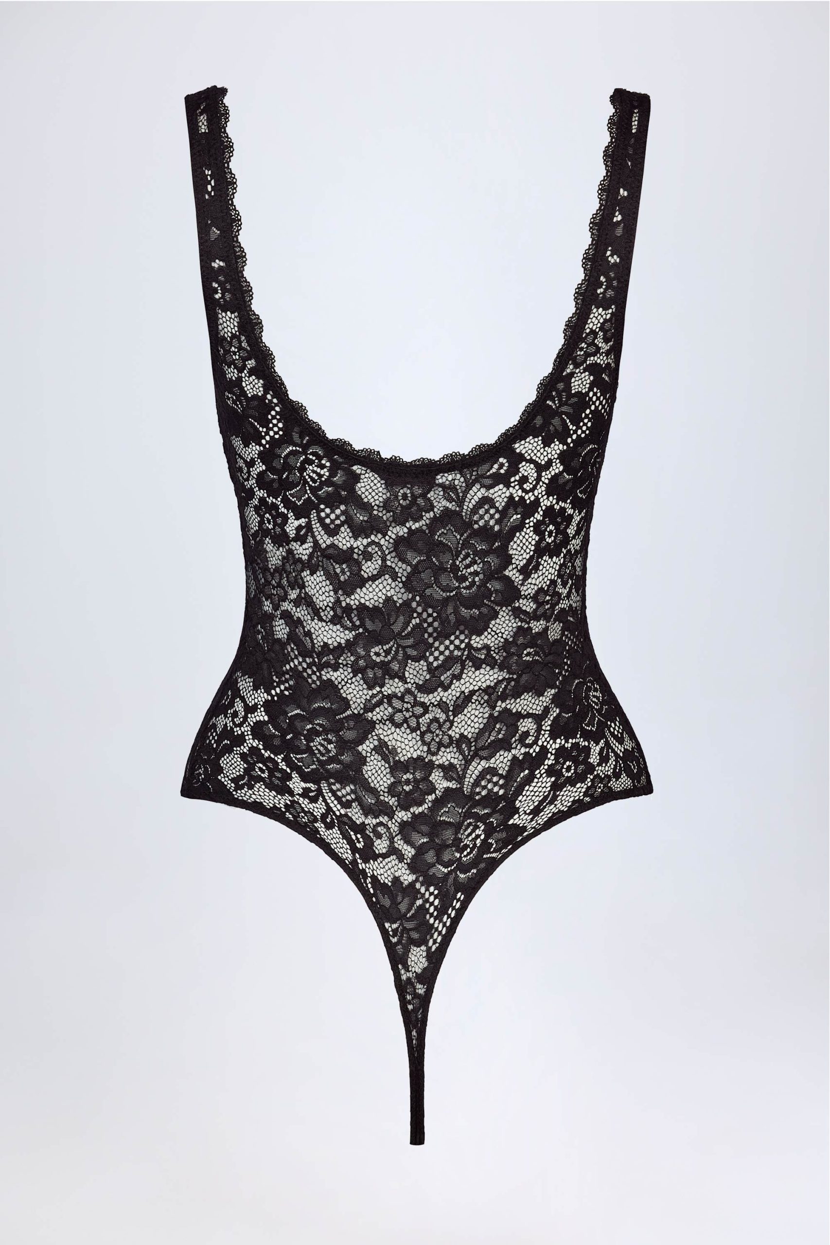Sheer Lace Scalloped Plunge-Neck Bodysuit in Black - Image 6