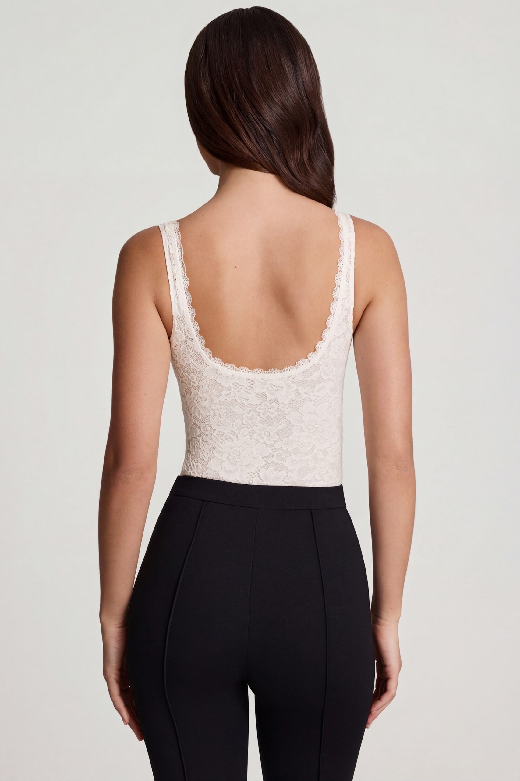 Sheer Lace Scalloped Plunge-Neck Bodysuit in White - Image 3