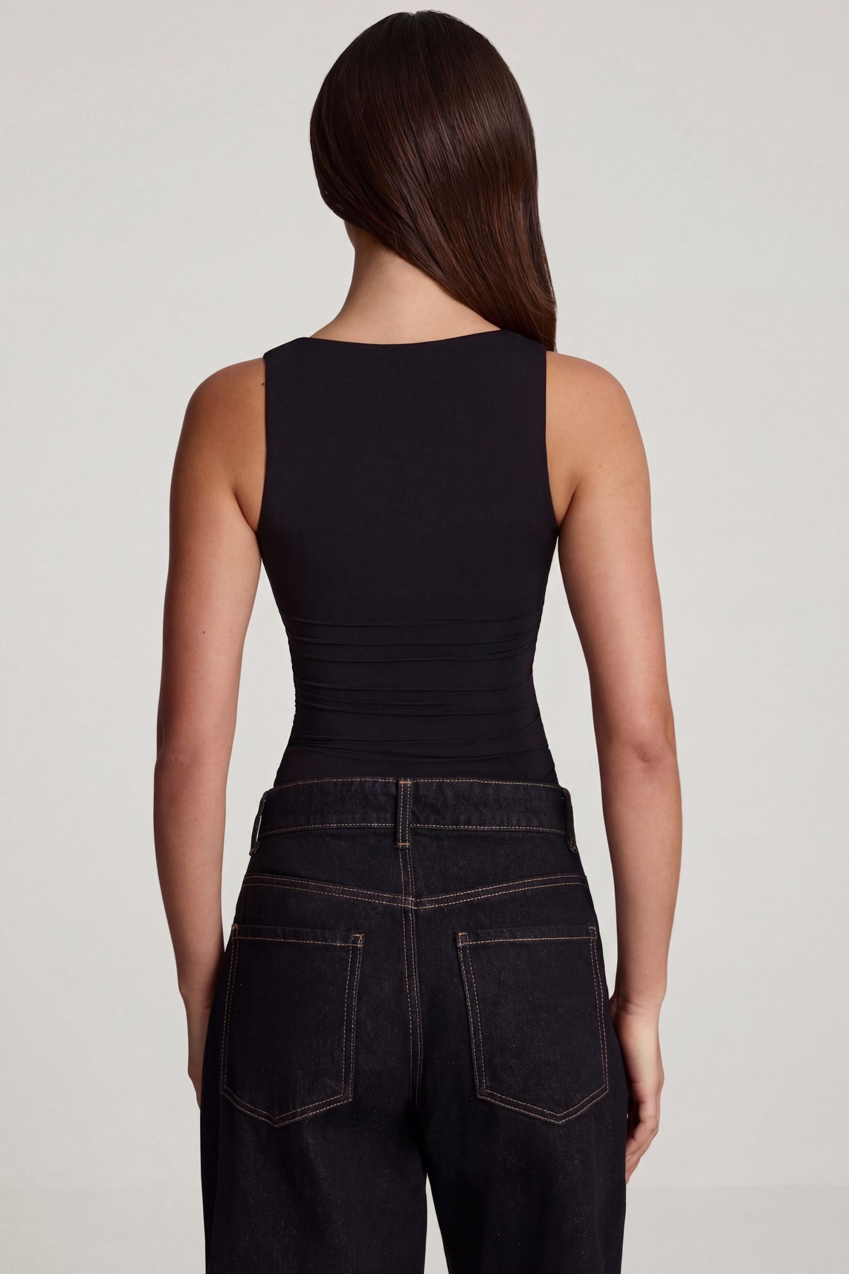 Soft Jersey Square-Neck Ruched Top in Black - Image 2