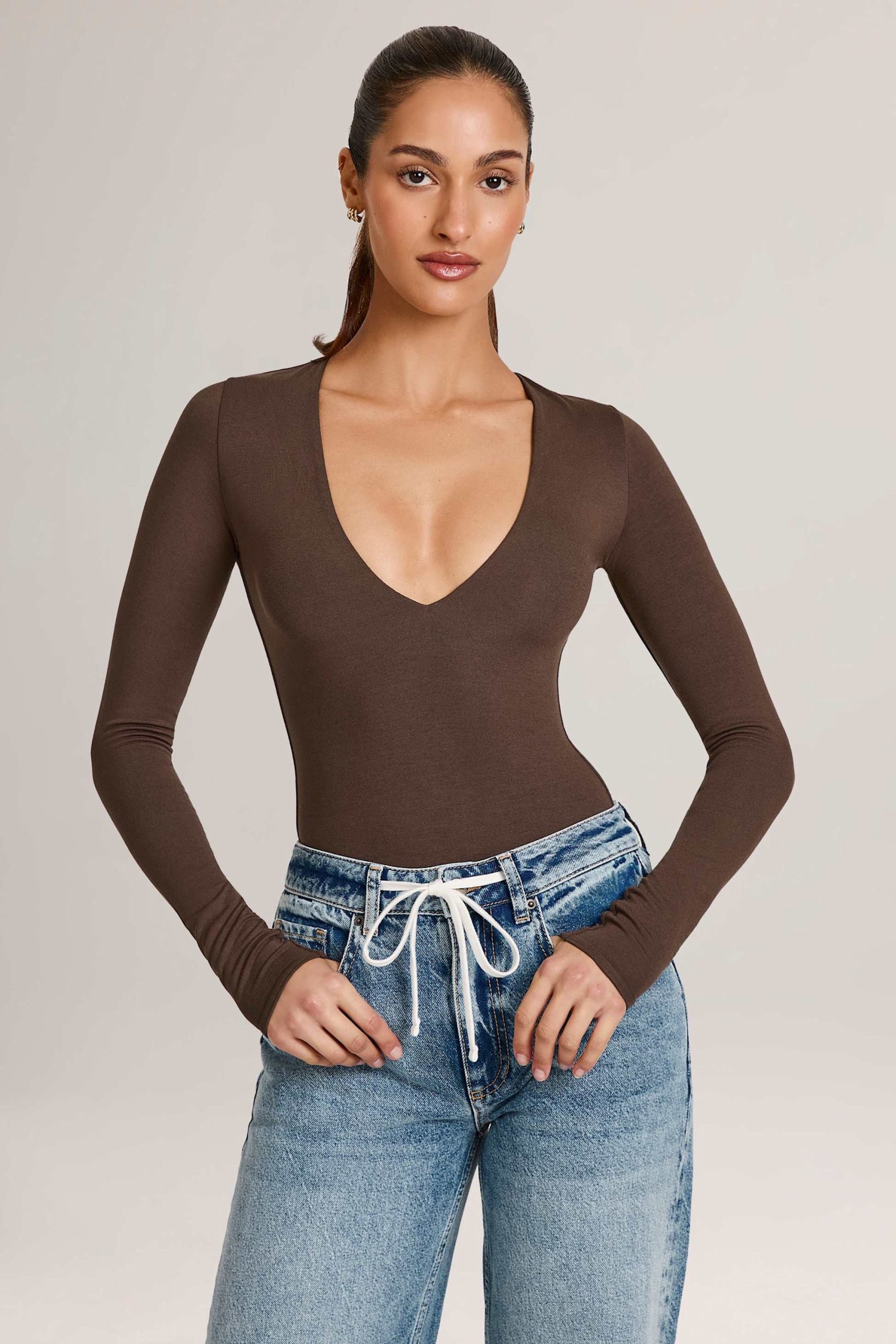Modal Plunge Long-Sleeve Bodysuit in Chocolate Brown - Image 7