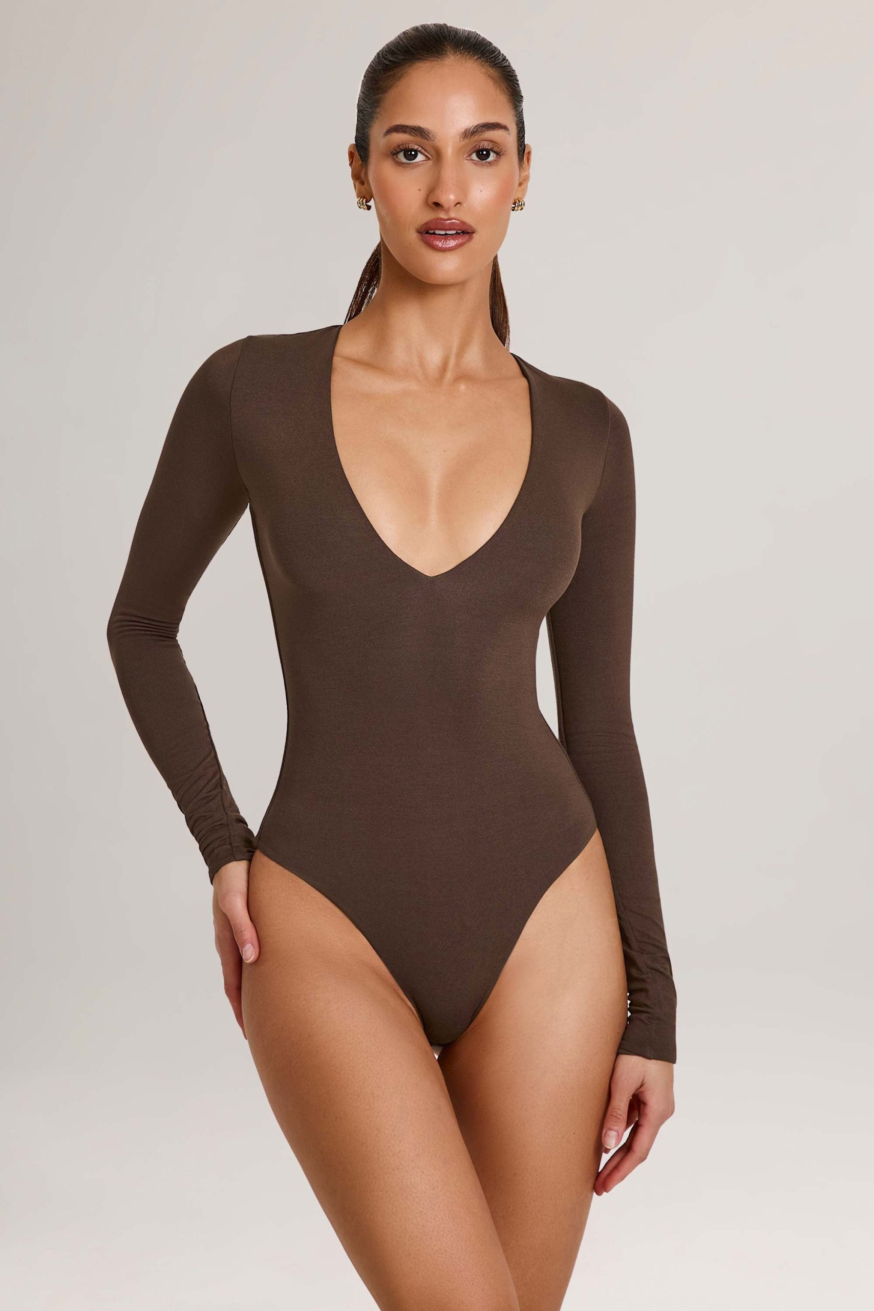 Modal Plunge Long-Sleeve Bodysuit in Chocolate Brown - Image 4