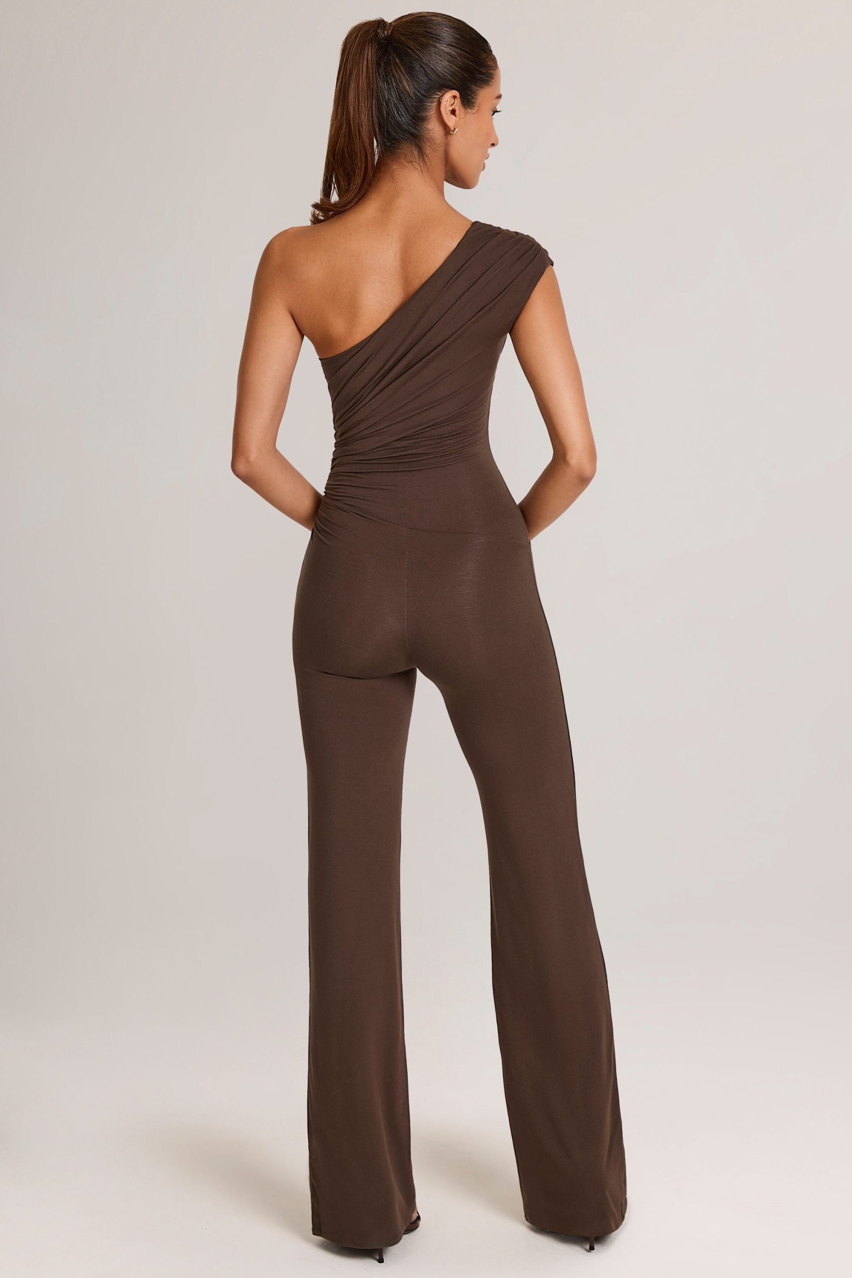 Modal One-Shoulder Jumpsuit in Chocolate Brown - Image 2