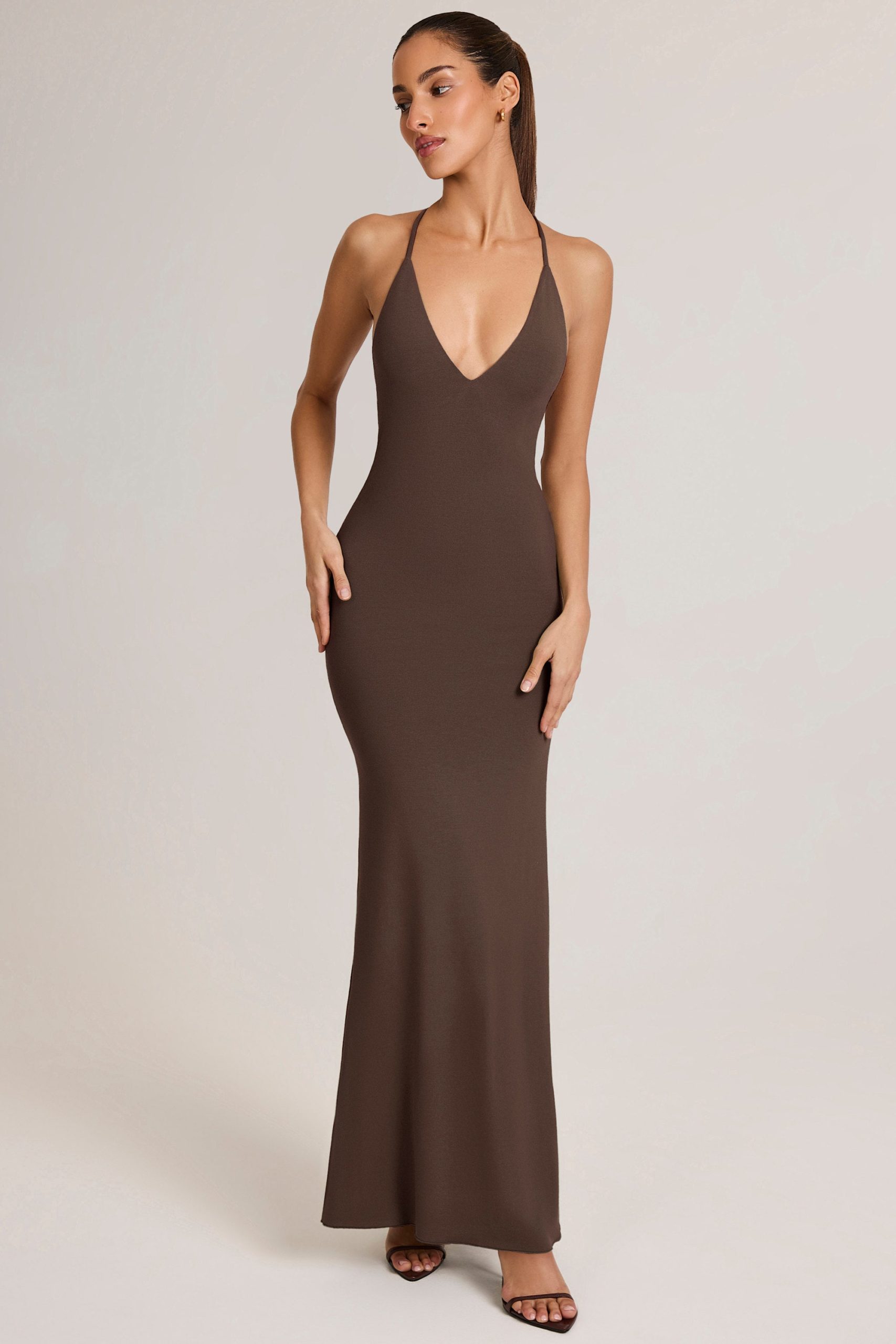 Modal Plunge Backless Maxi Dress in Chocolate Brown - Image 9