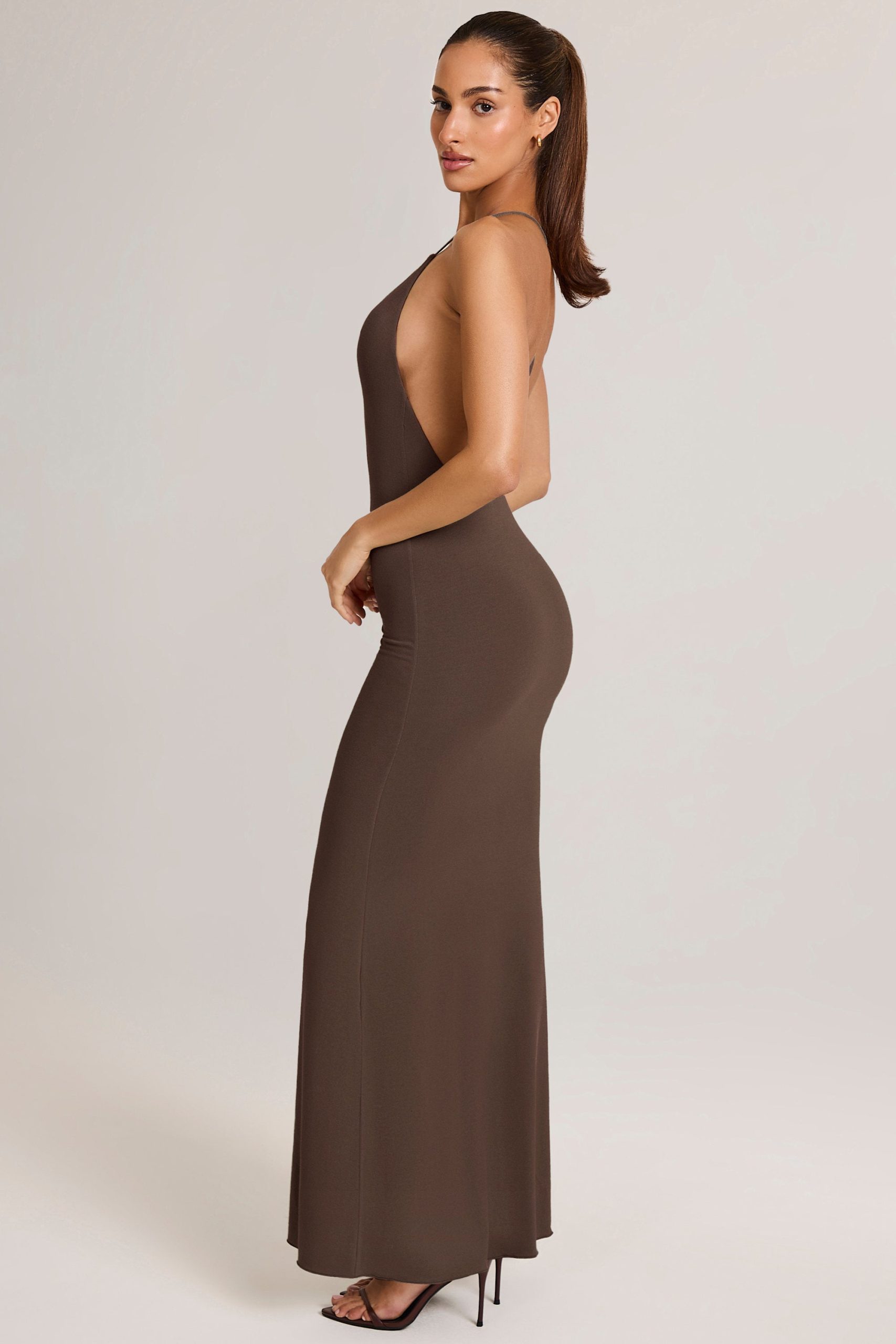 Modal Plunge Backless Maxi Dress in Chocolate Brown - Image 11