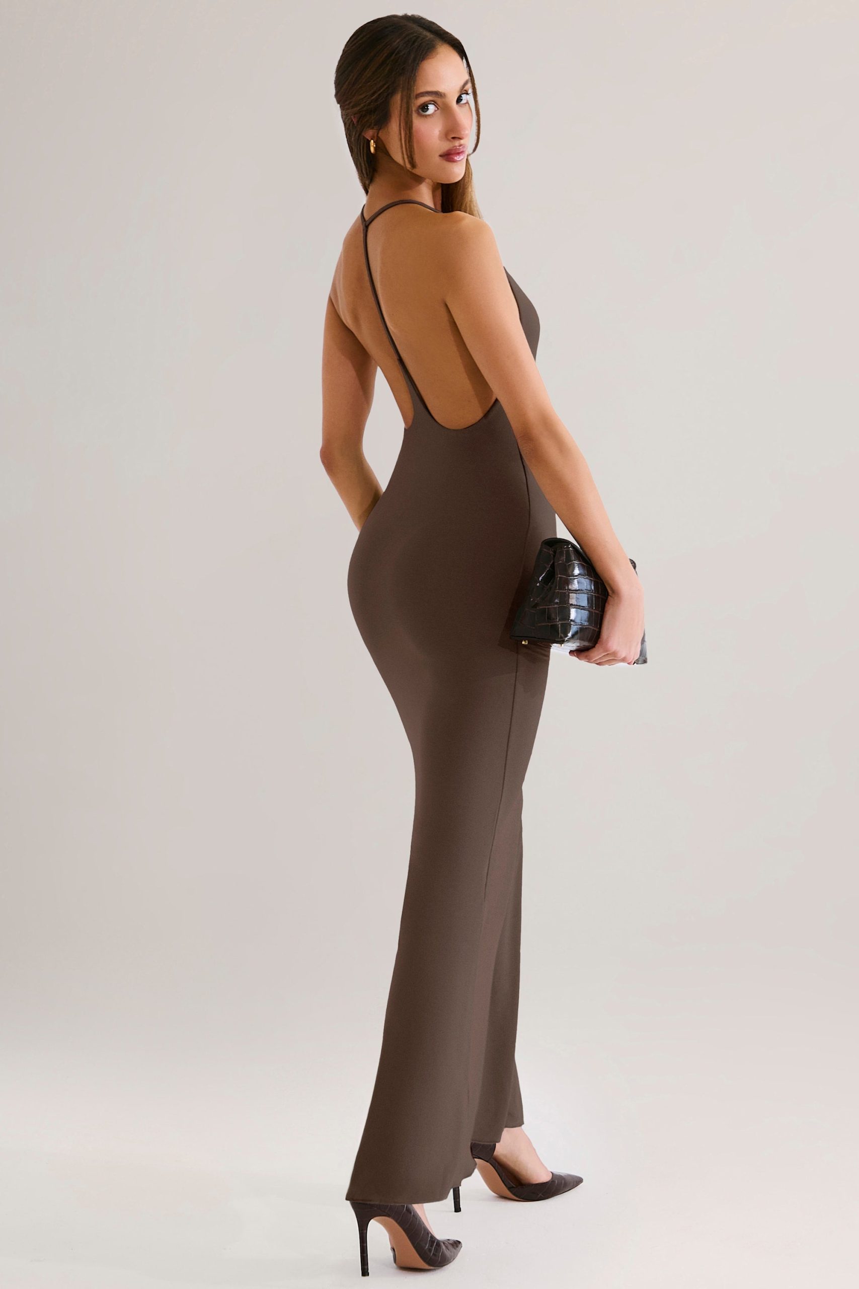 Modal Plunge Backless Maxi Dress in Chocolate Brown - Image 8