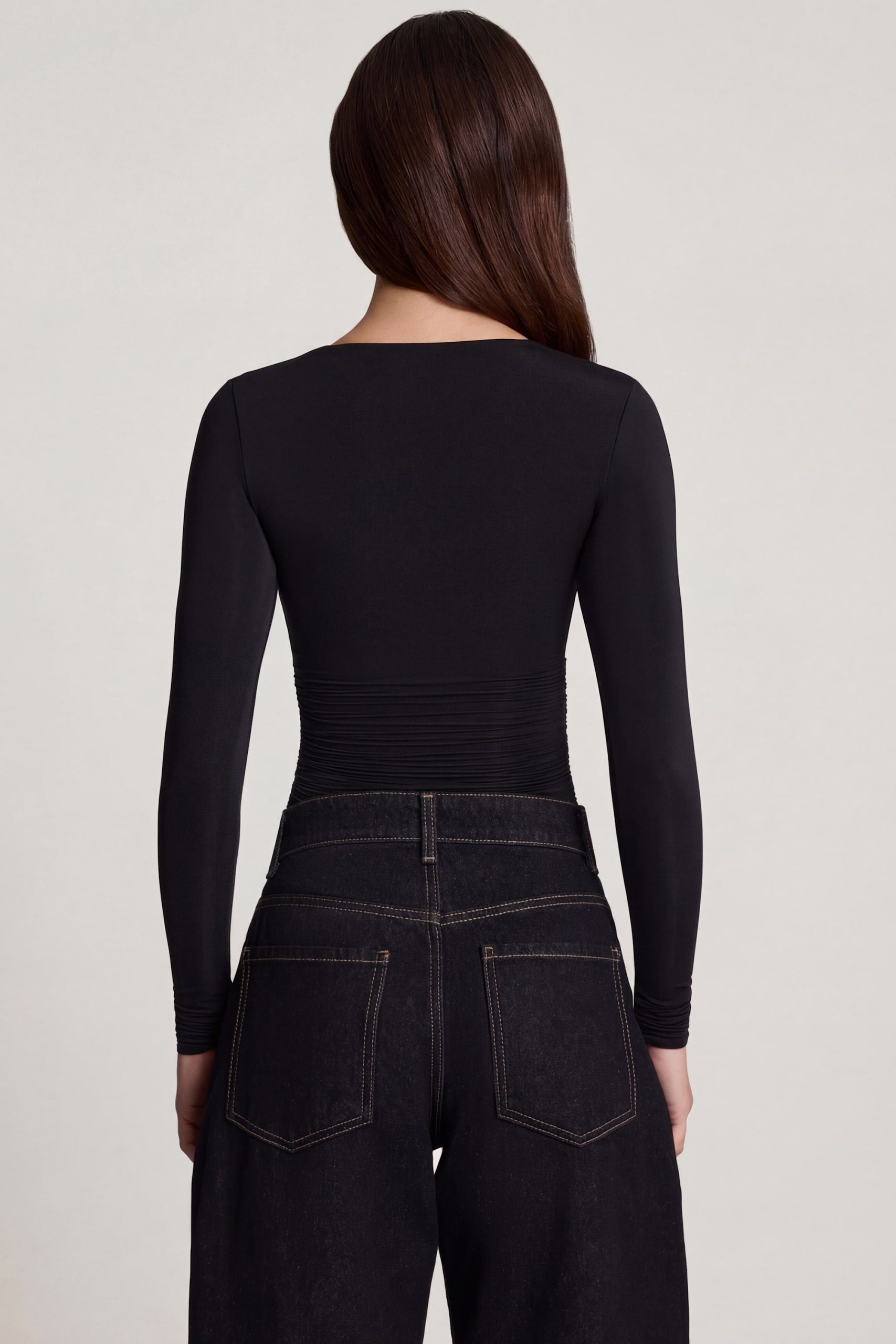 Soft Jersey Sweetheart Ruched Long-Sleeve Top in Black - Image 2