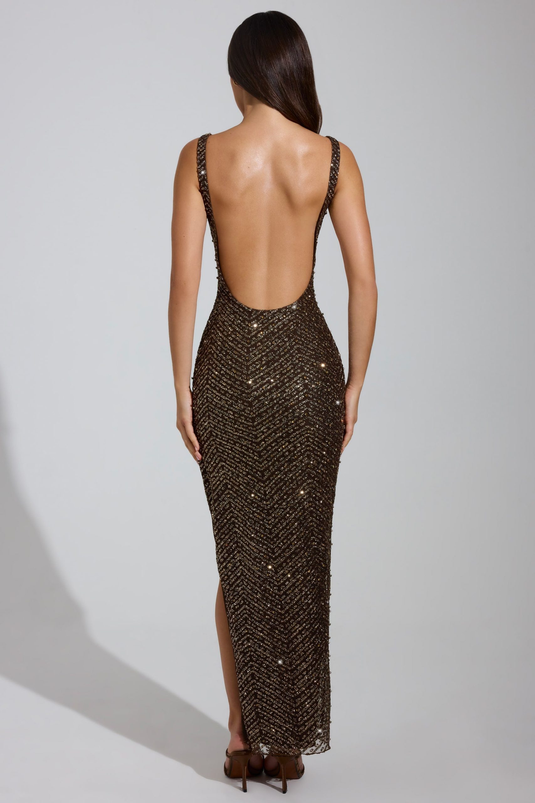 Embellished Scoop-Neck Thigh-Split Maxi Dress in Brown - Image 2