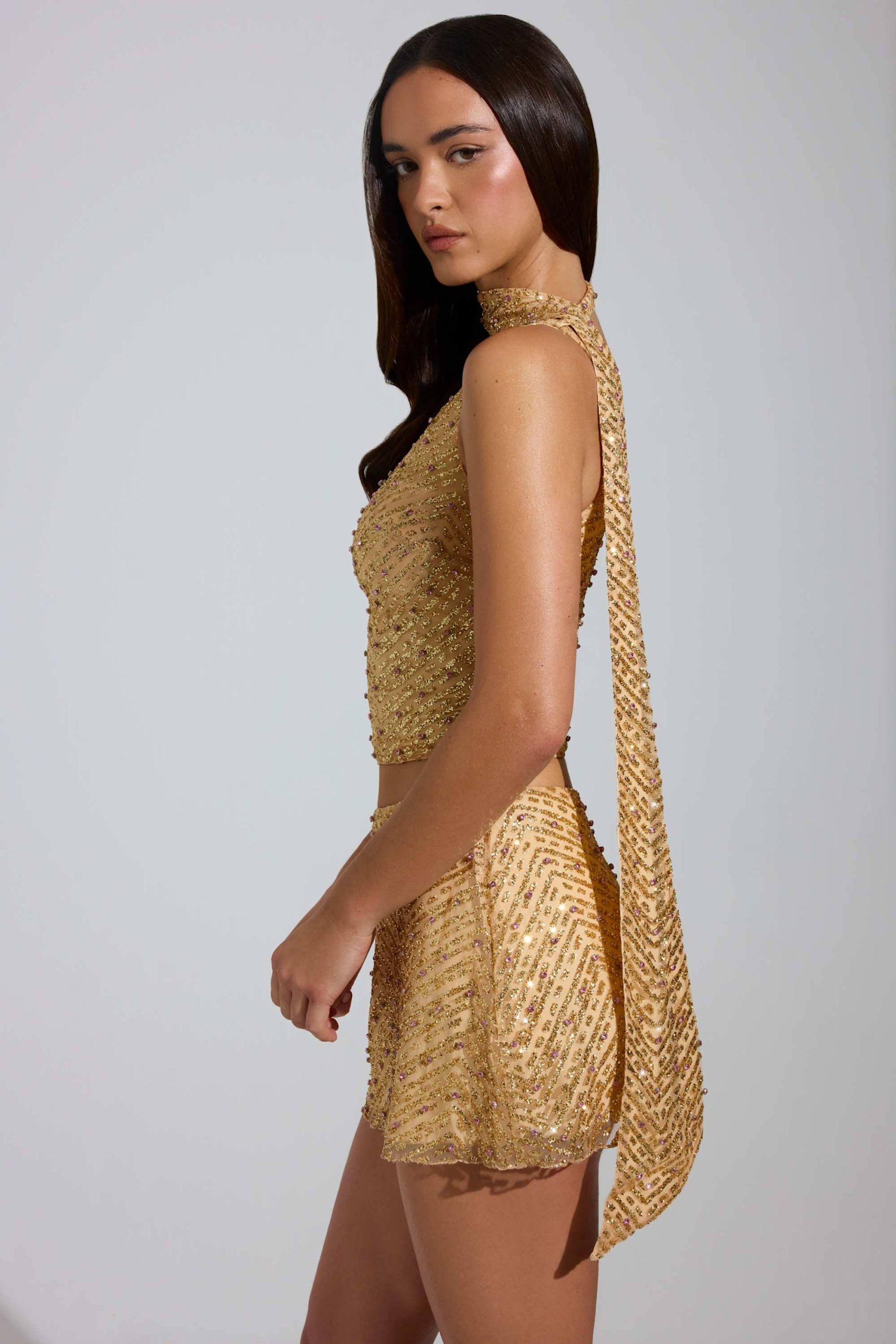 Embellished Low-Rise A-Line Micro Mini Skirt in Gold - Image 3