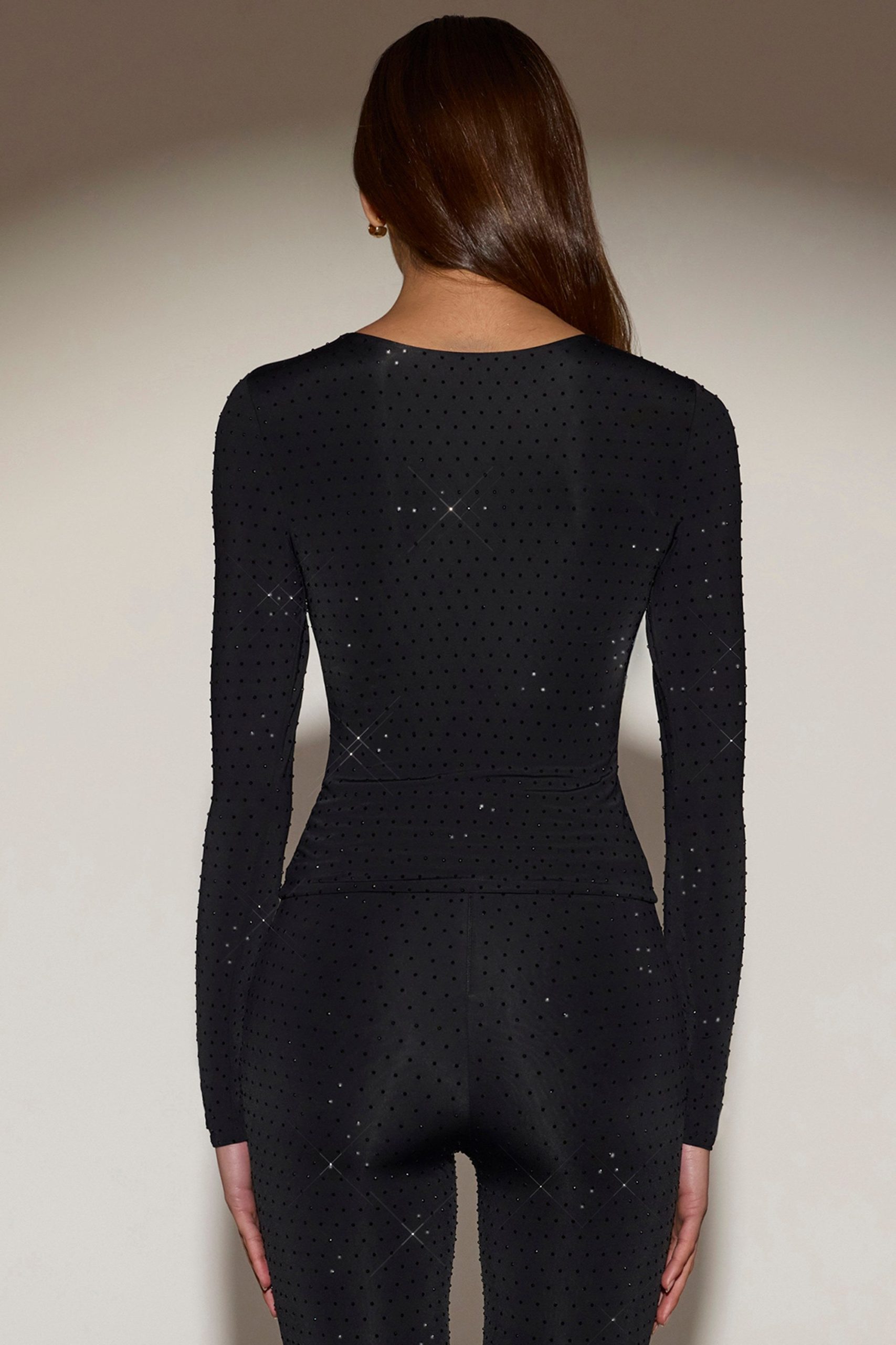 Embellished Crew-Neck Long-Sleeve Top in Black - Image 2