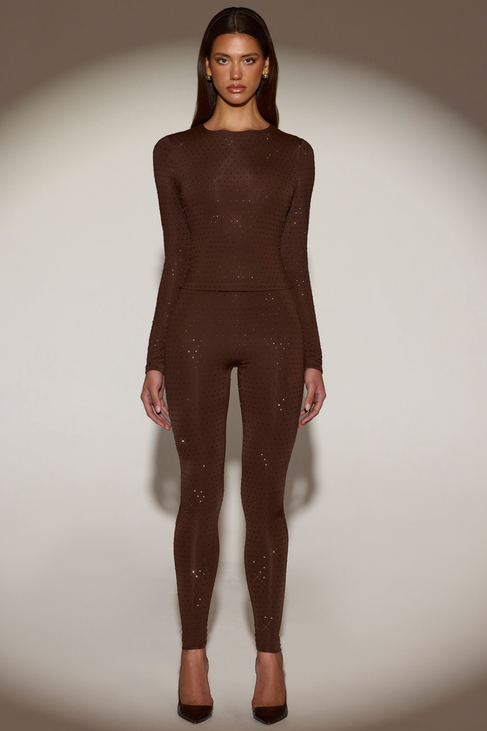 Embellished Crew-Neck Long-Sleeve Top in Chocolate Brown - Image 5