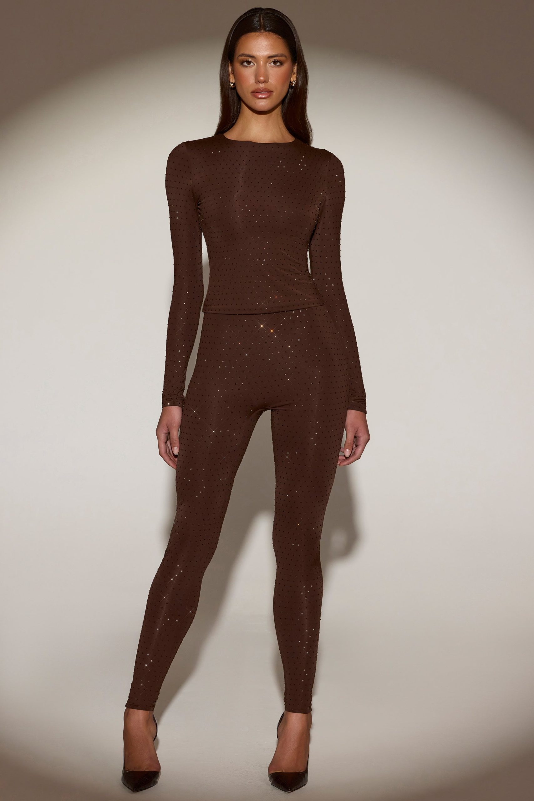 Embellished Crew-Neck Long-Sleeve Top in Chocolate Brown - Image 7