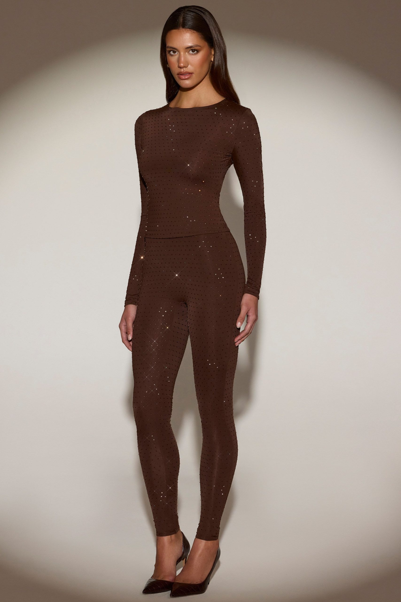 Embellished Crew-Neck Long-Sleeve Top in Chocolate Brown - Image 8