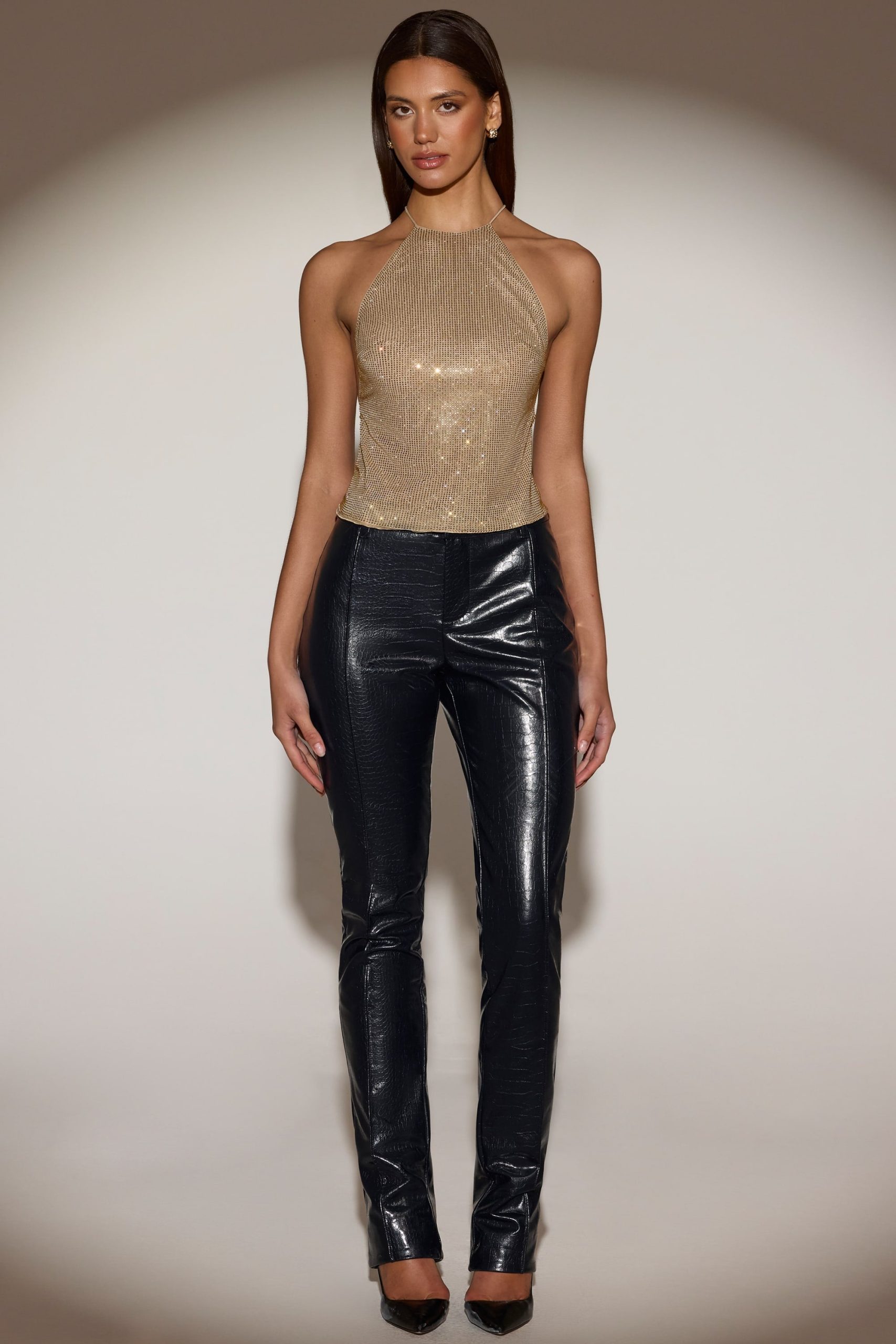 Embellished Jersey Halterneck Backless Top in Gold - Image 5
