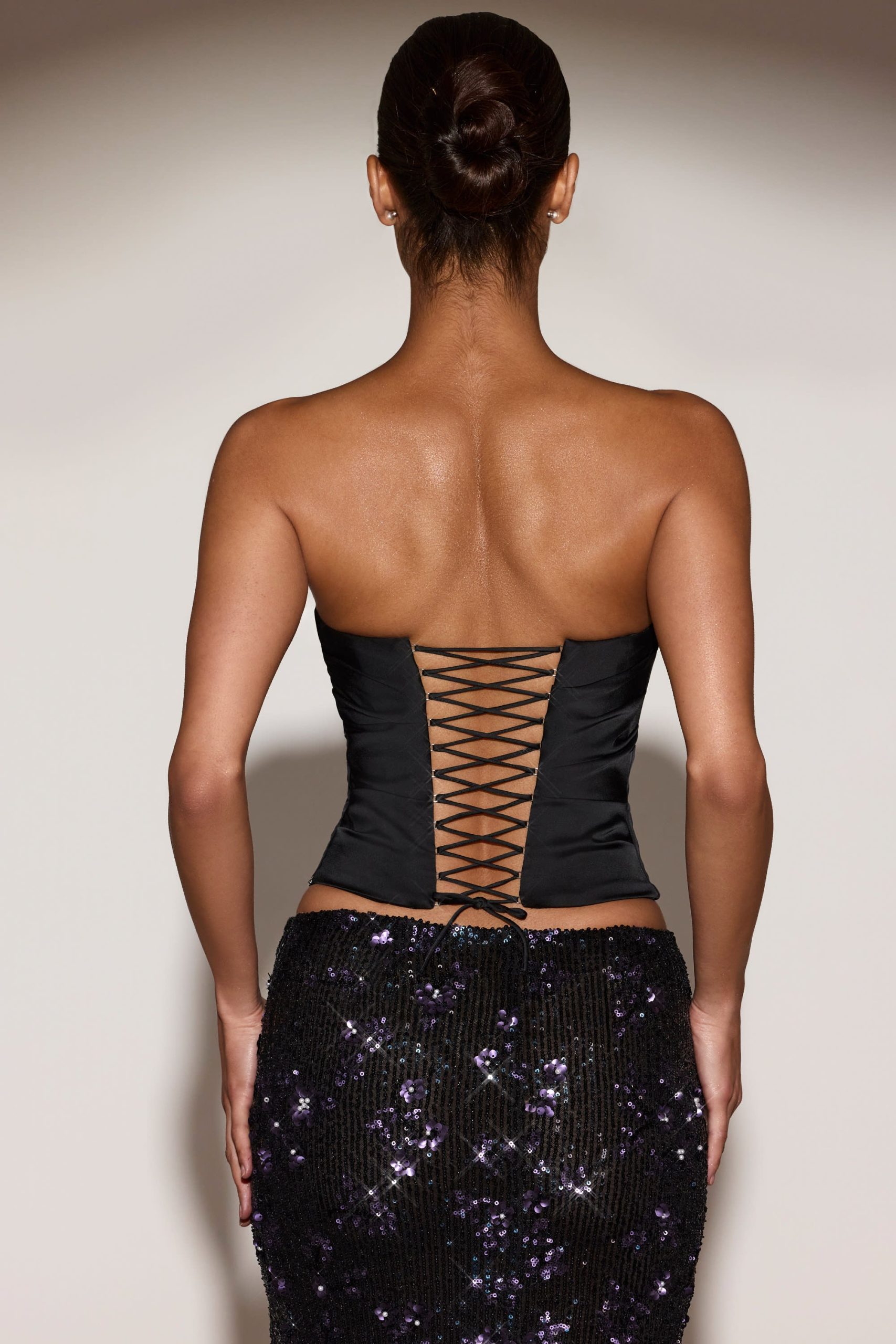 Satin Draped Lace-Up Corset Top in Black Purple - Image 2