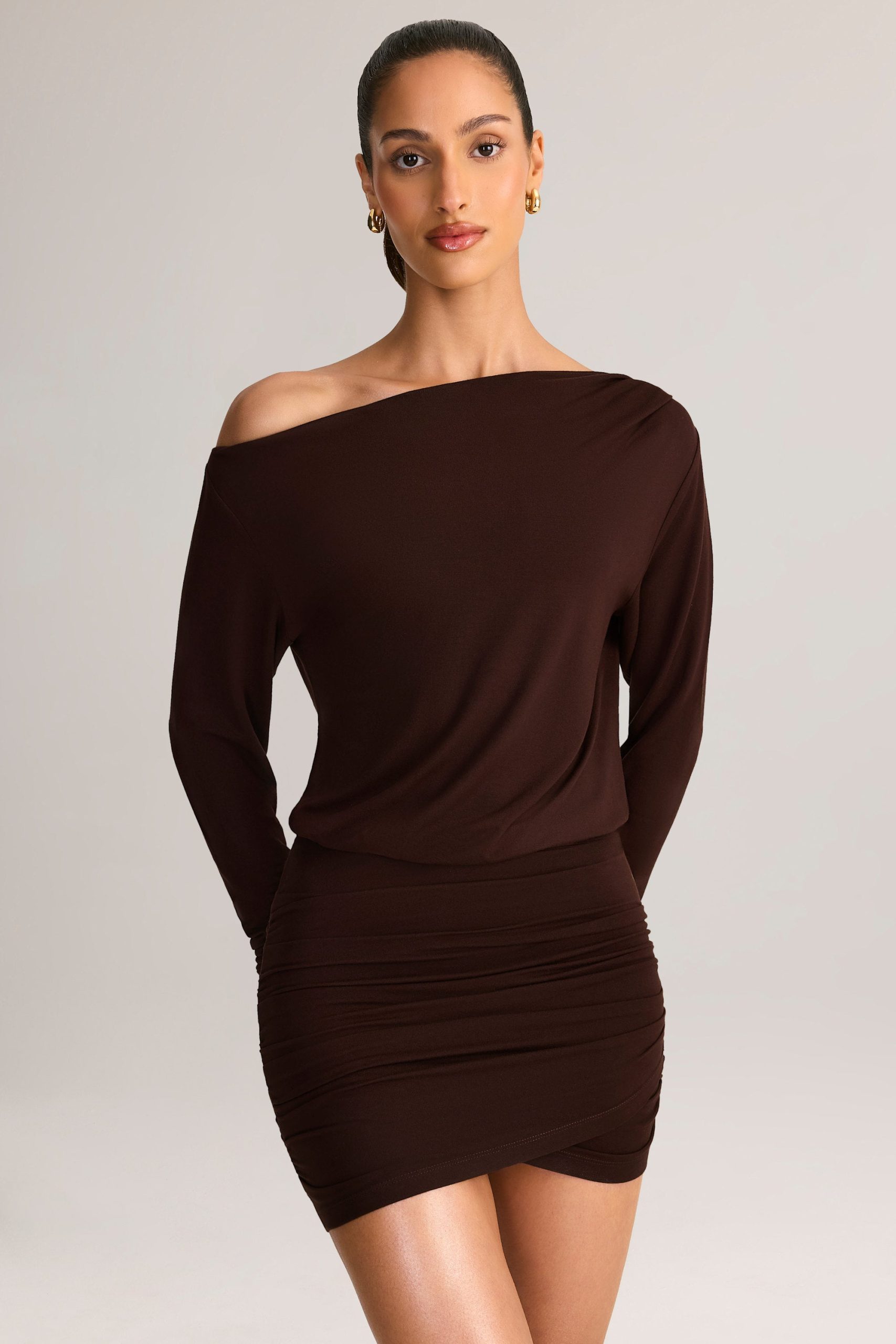 Modal Off-Shoulder Wrap Mini Dress in Chocolate Brown - Image 6