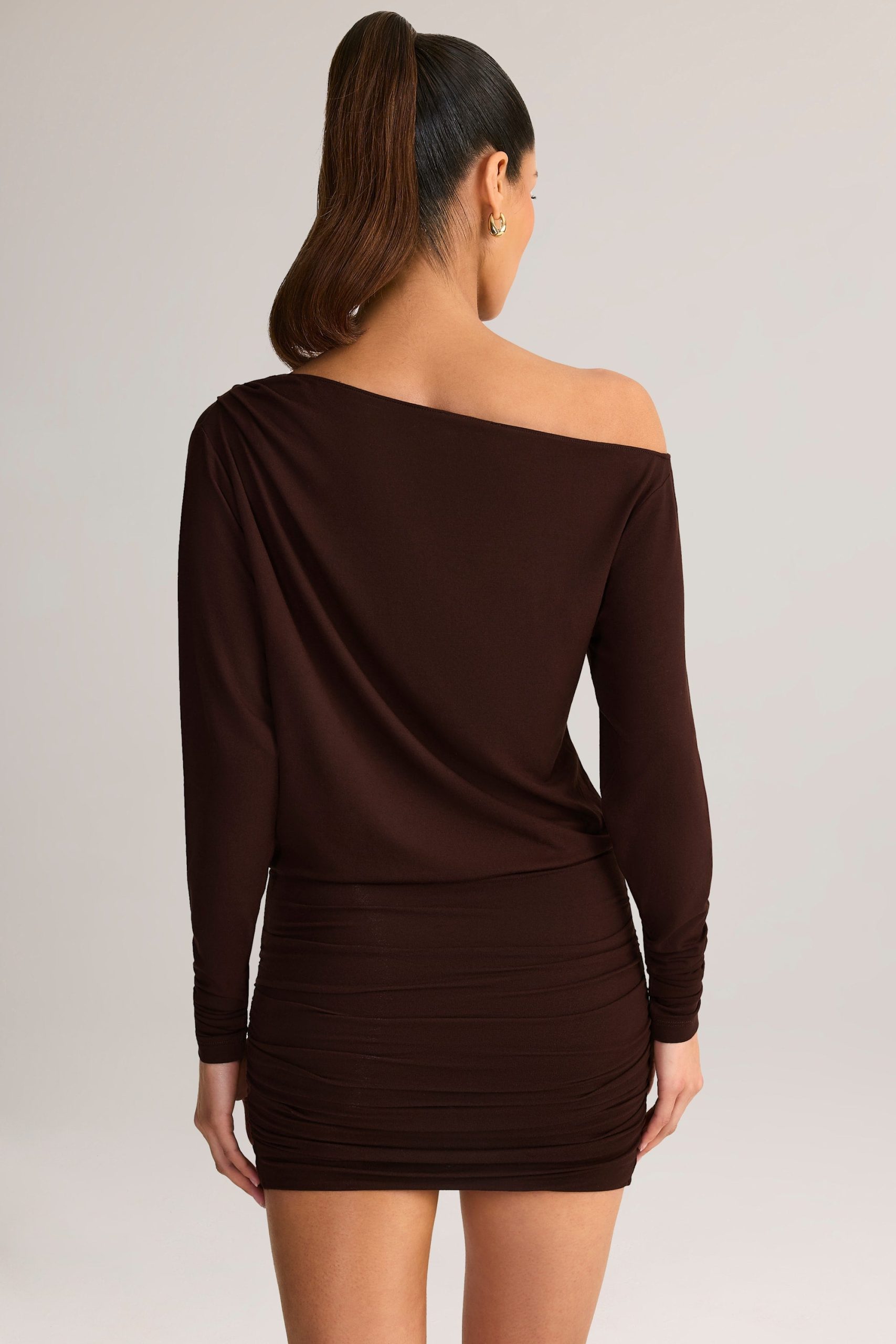 Modal Off-Shoulder Wrap Mini Dress in Chocolate Brown - Image 2