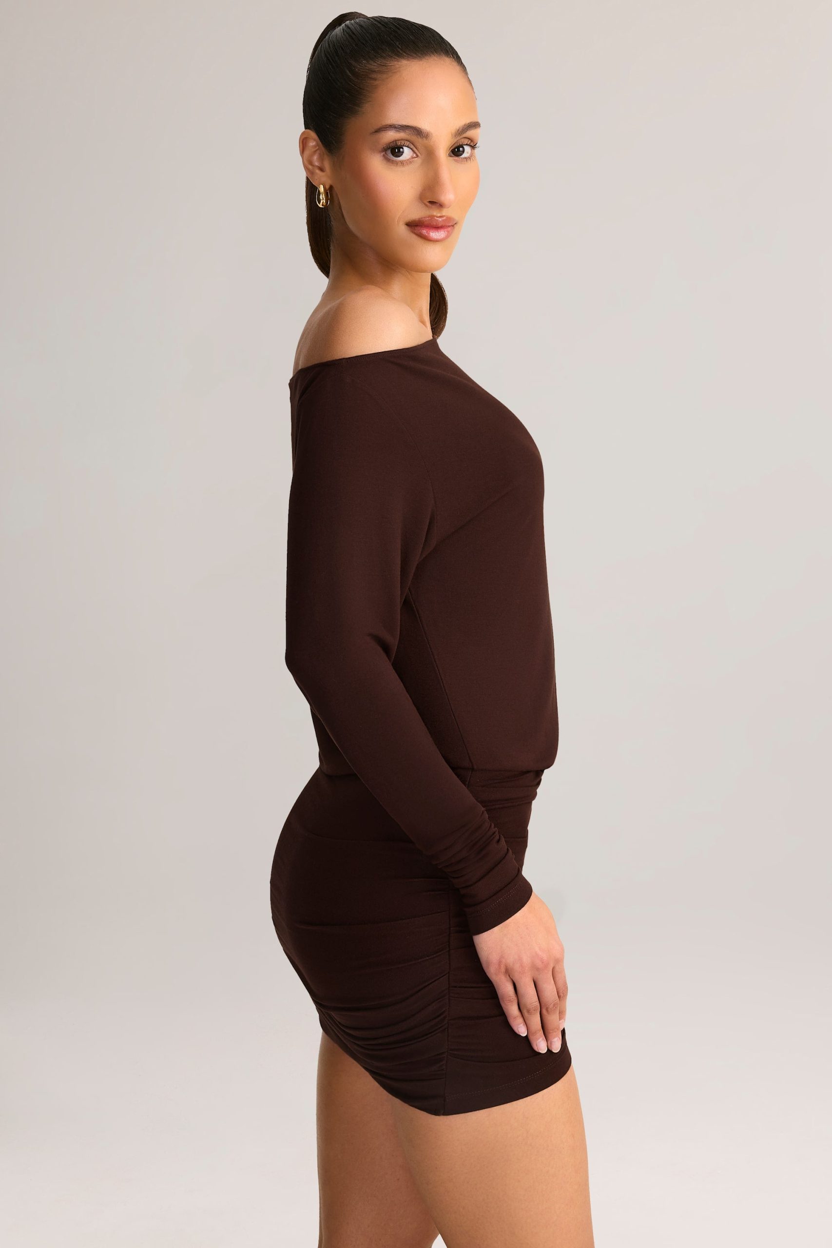 Modal Off-Shoulder Wrap Mini Dress in Chocolate Brown - Image 3