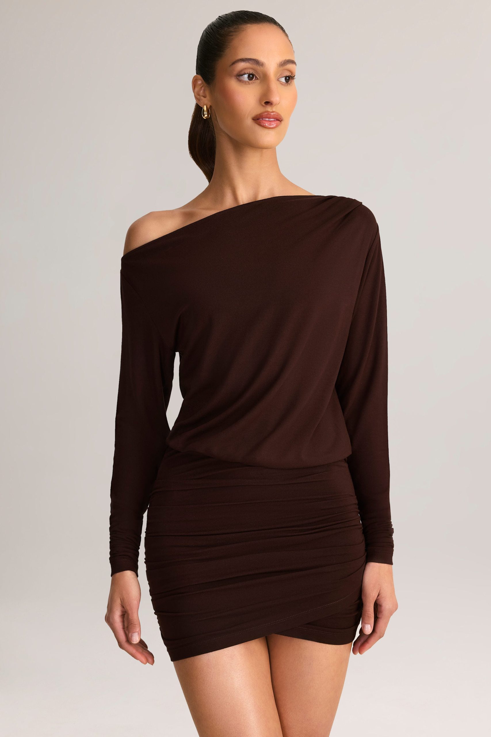 Modal Off-Shoulder Wrap Mini Dress in Chocolate Brown - Image 7