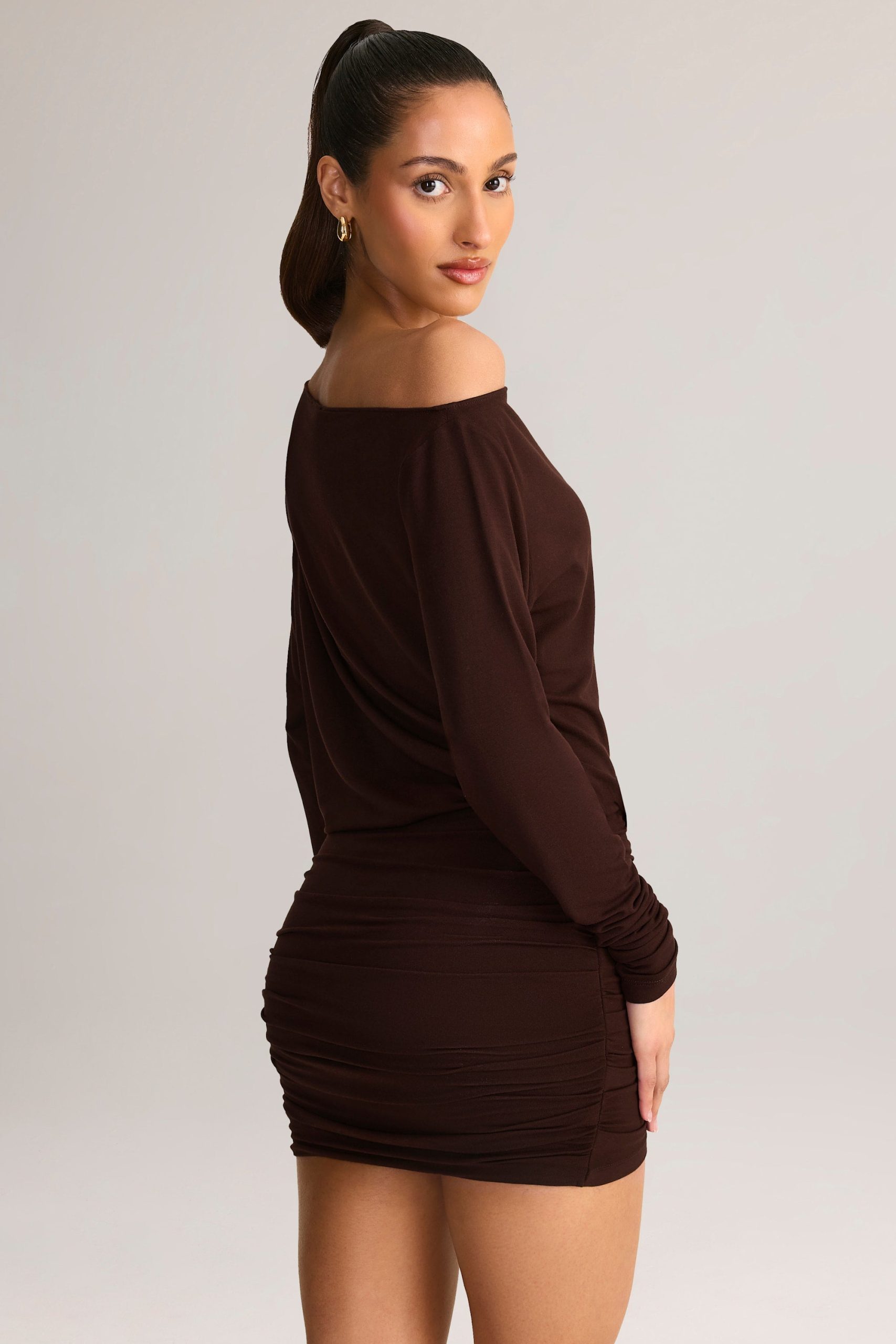 Modal Off-Shoulder Wrap Mini Dress in Chocolate Brown - Image 8