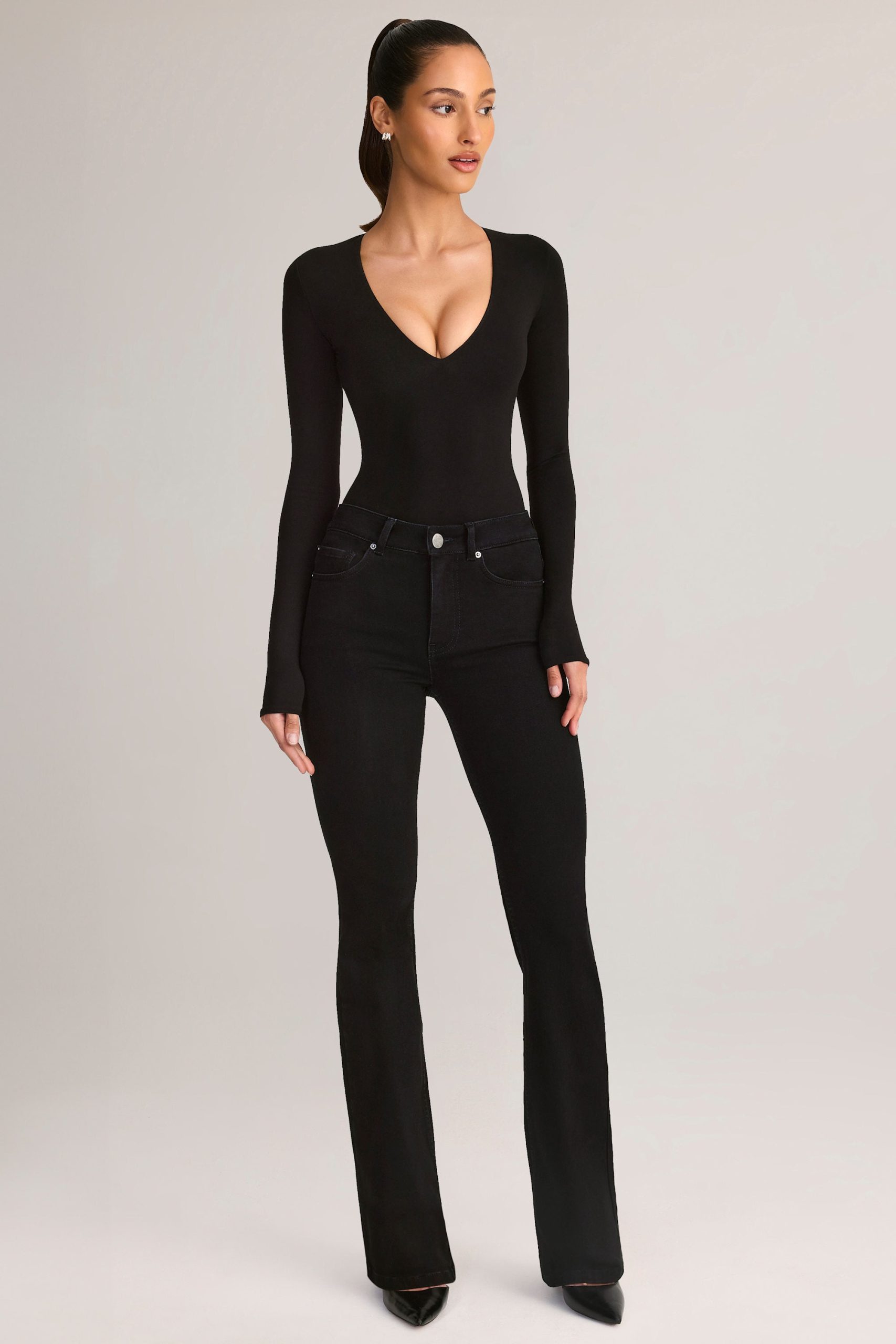 Denim Mid-Rise Flared Jeans in Black - Image 6