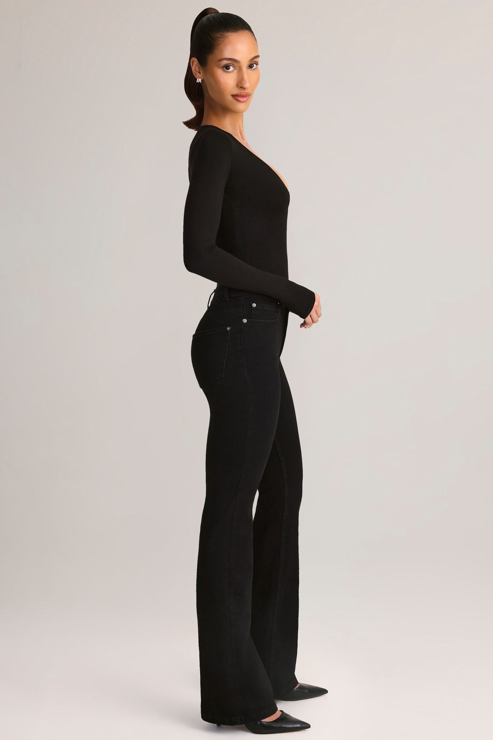 Denim Mid-Rise Flared Jeans in Black - Image 3