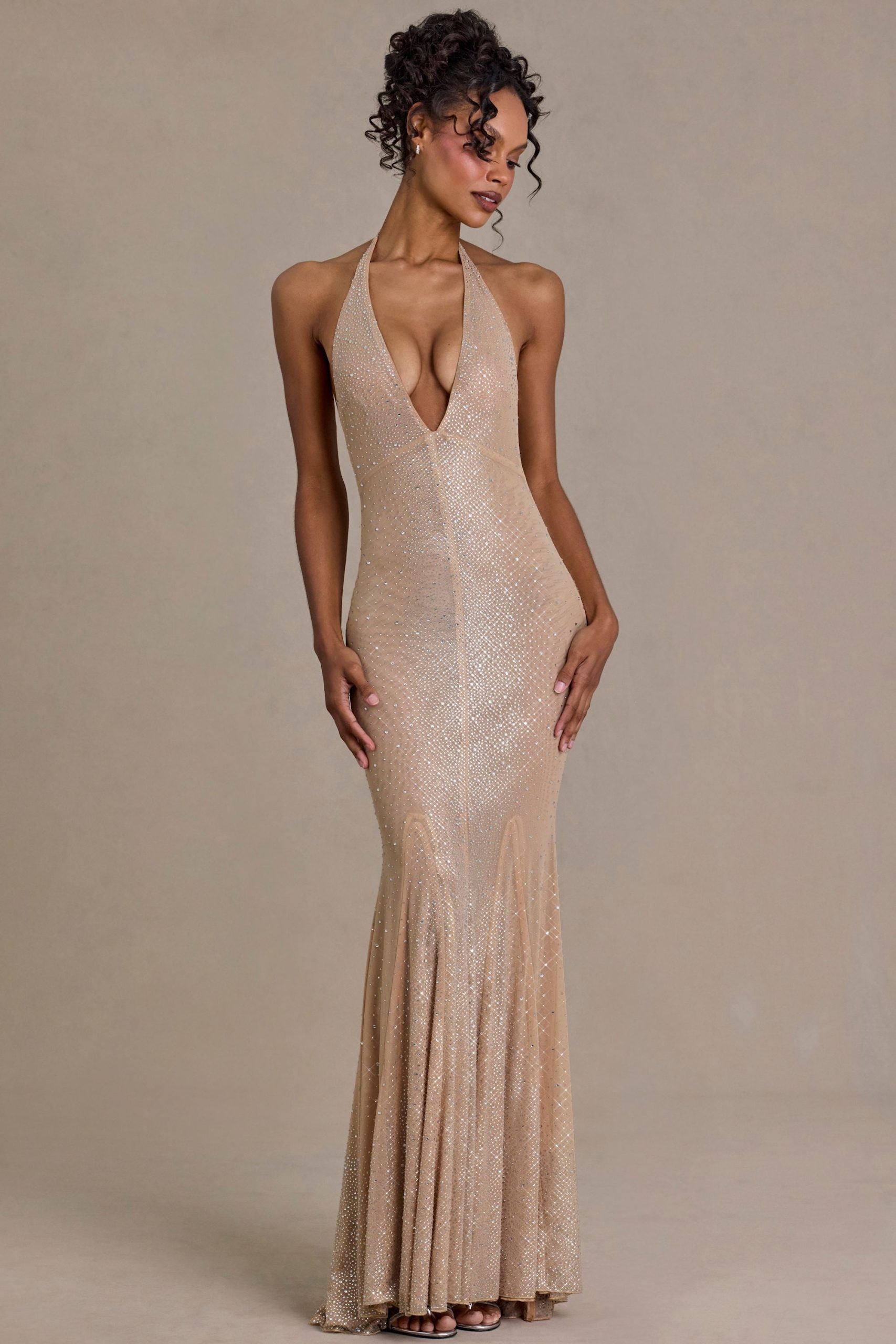 Premium Embellished Plunge-Neck Open-Back Gown in Beige Gold - Image 5