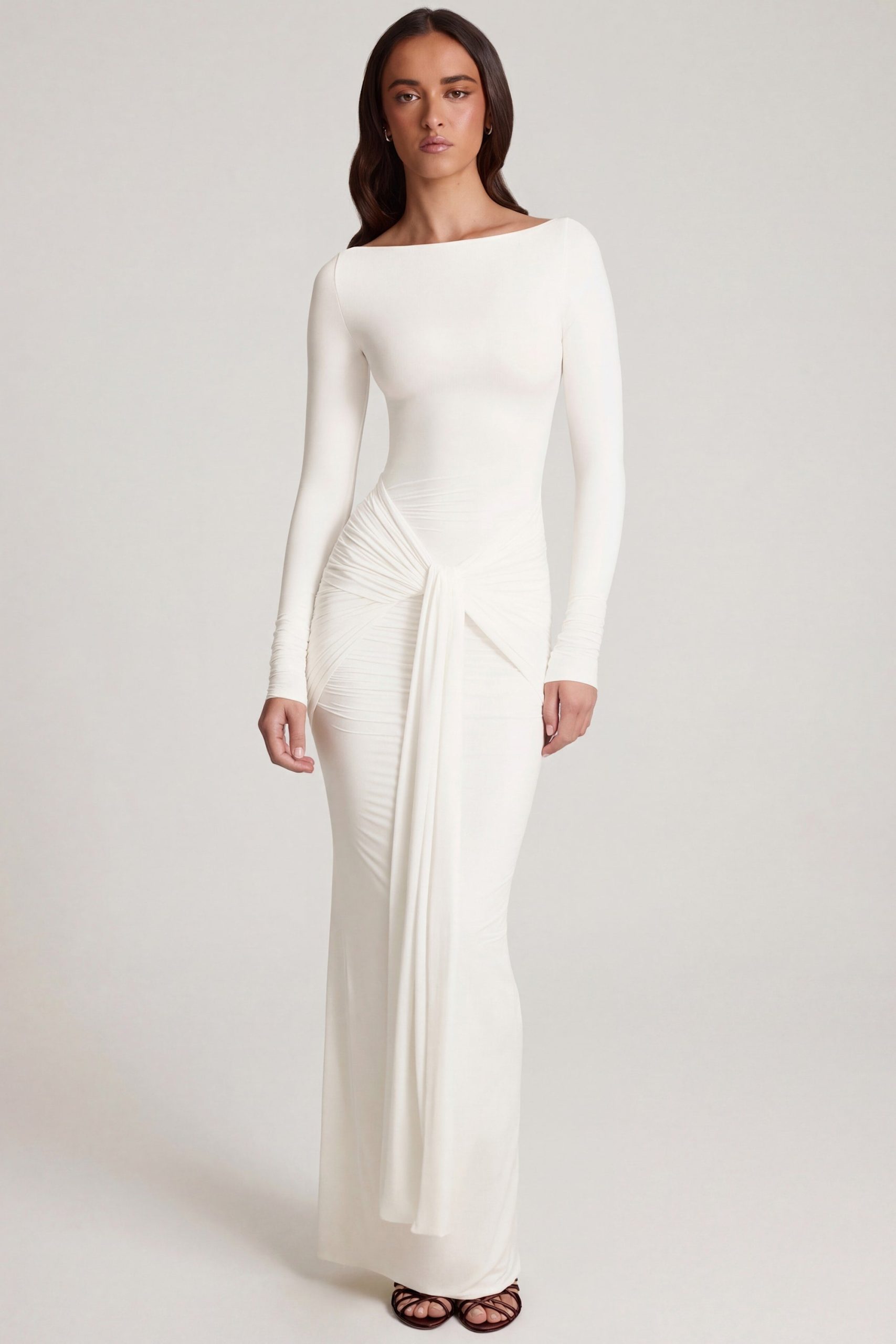 Soft Jersey Boat-Neck Tie-Gather Maxi Dress in White - Image 6