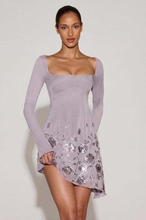 Embellished Appliqu?? Asymmetric Mini Dress in Lilac
