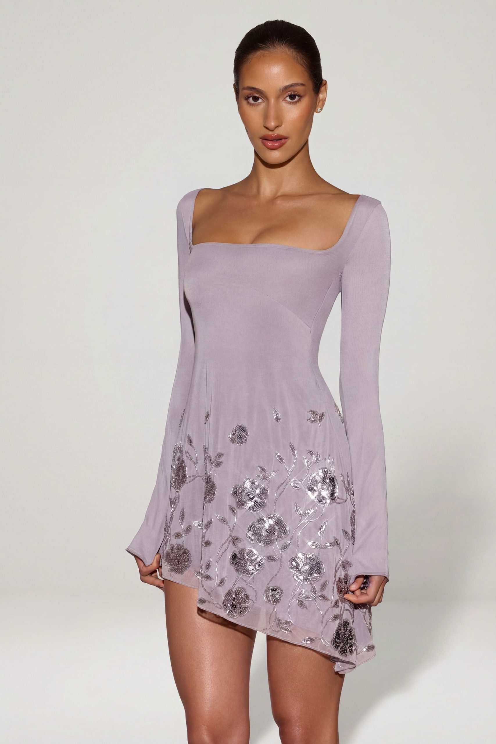 Embellished Appliqu?? Asymmetric Mini Dress in Lilac - Image 7