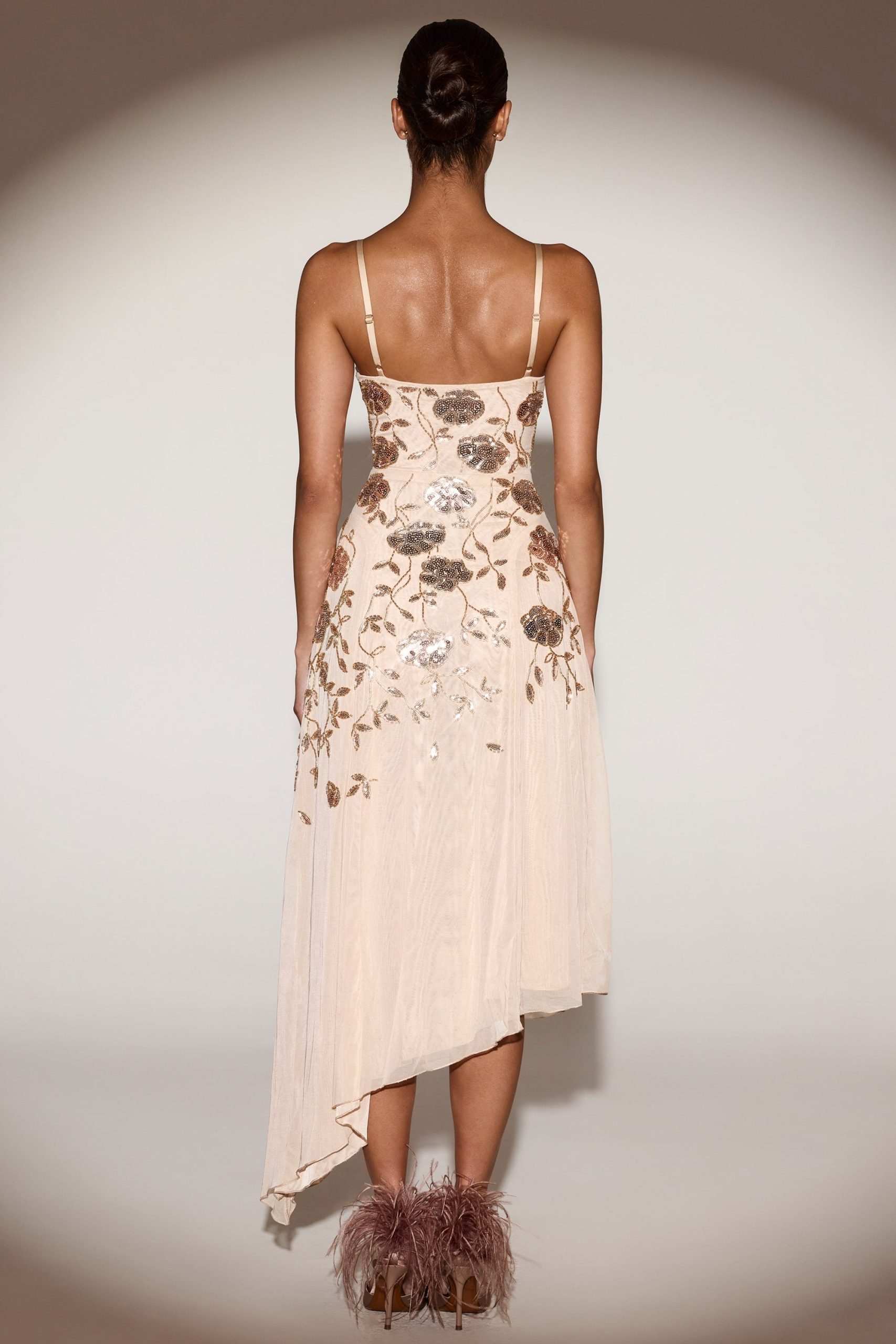 Embellished Soft-Scoop Asymmetric Midaxi Dress in Gold - Image 3
