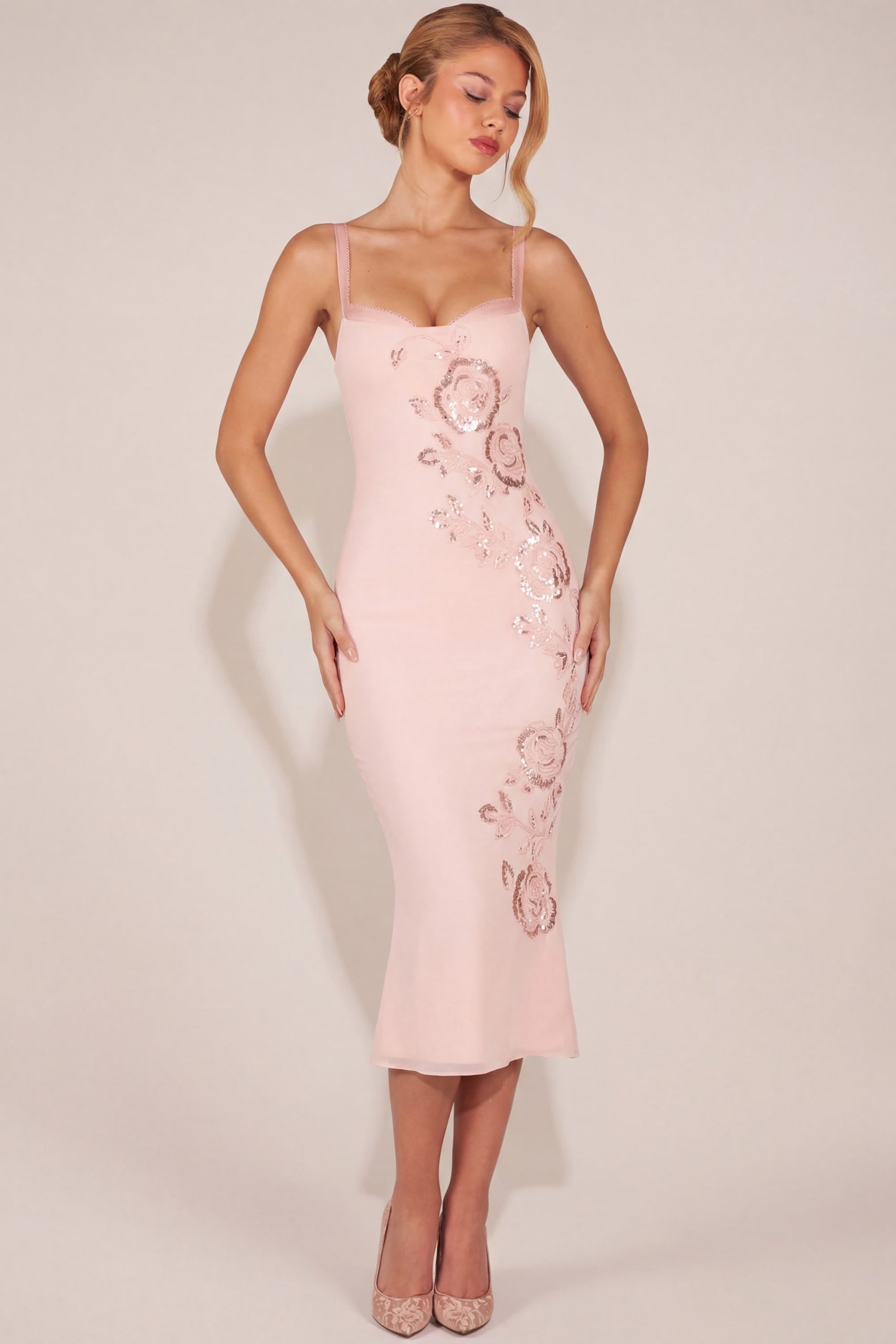 Embellished Peekaboo Fluted-Hem Midaxi Dress in Pink - Image 4
