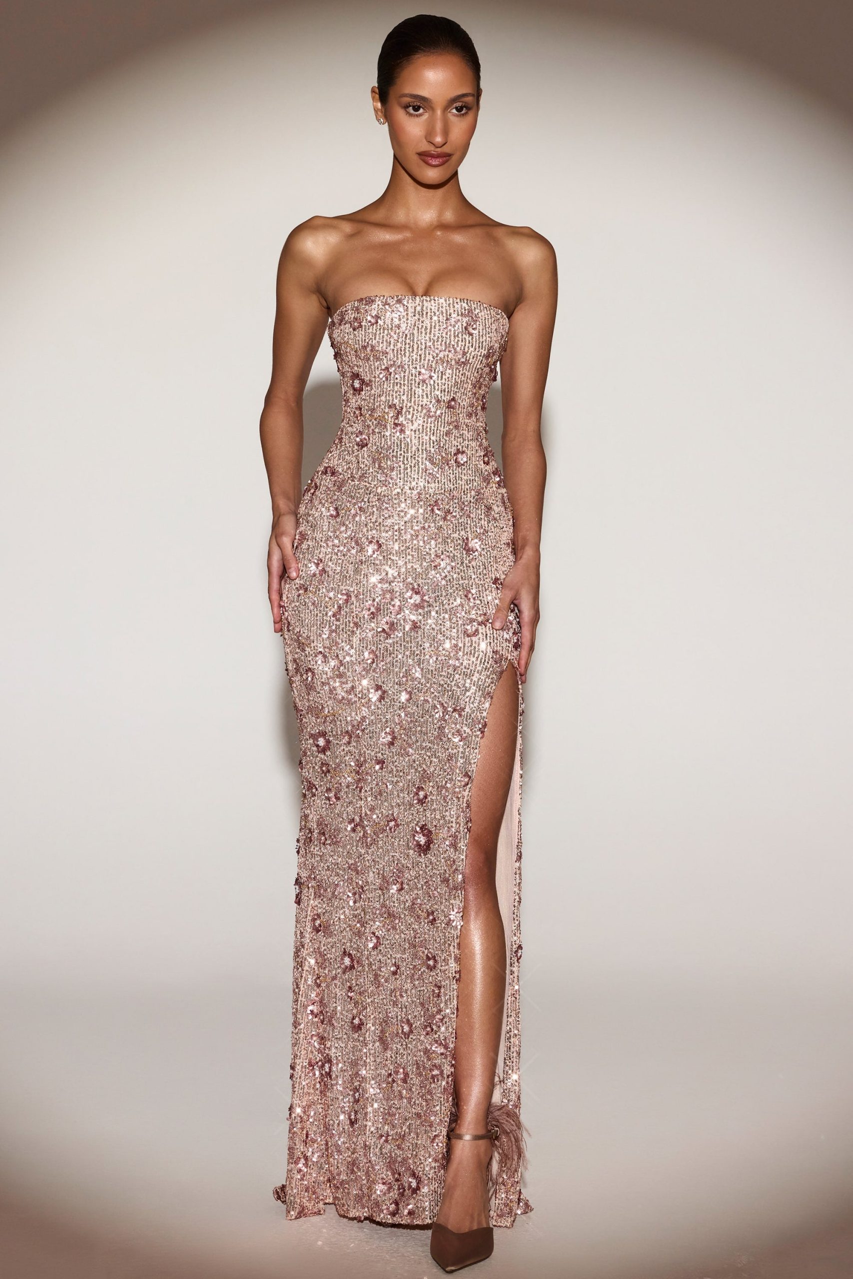 Embellished Bandeau-Neck Strapless Gown in Rose Gold - Image 10