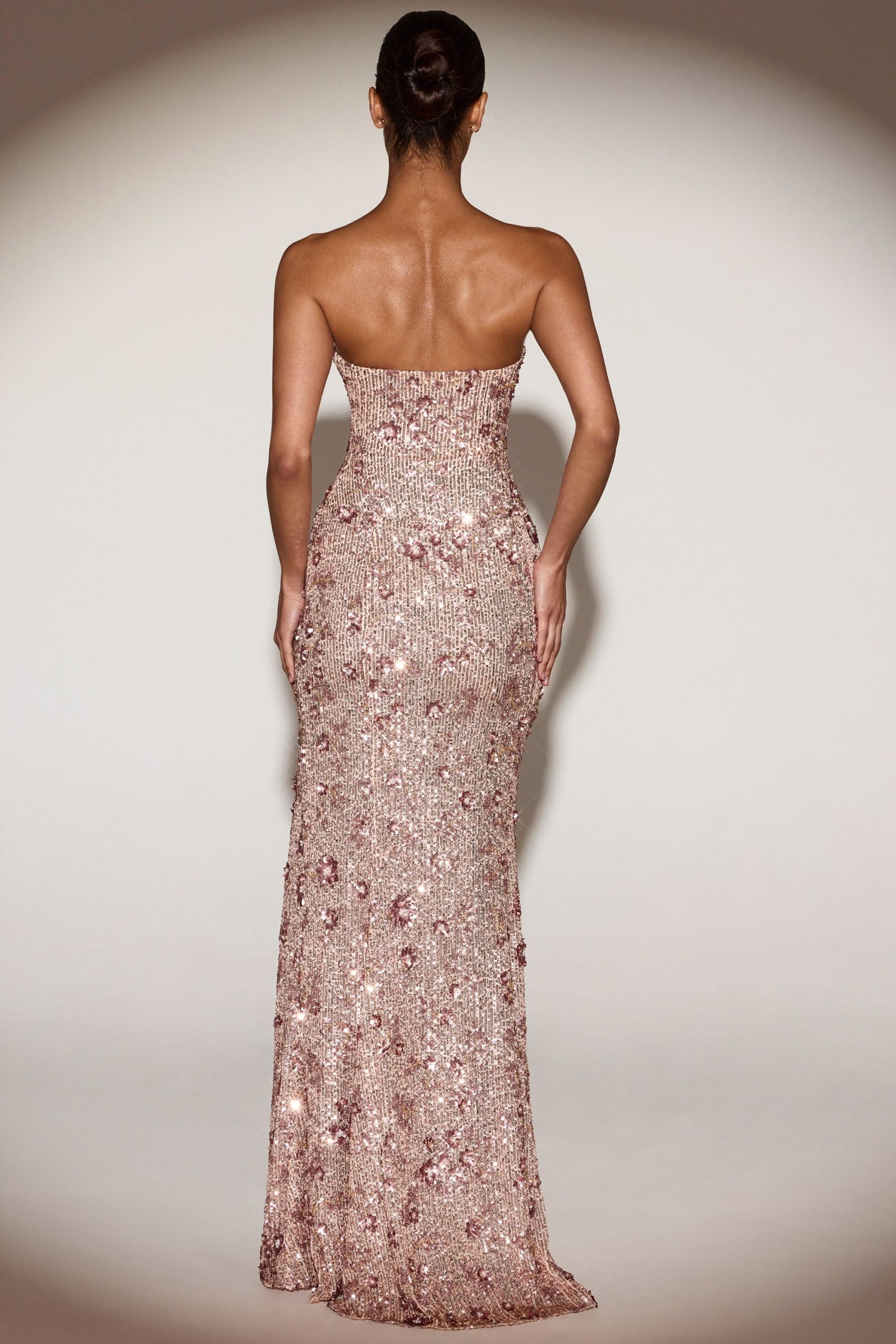 Embellished Bandeau-Neck Strapless Gown in Rose Gold - Image 3