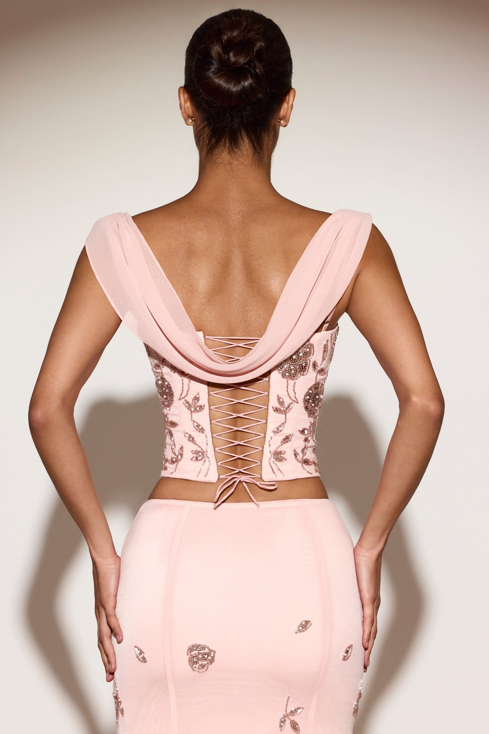 Embellished Draped Lace-Up Corset Top in Pink - Image 2