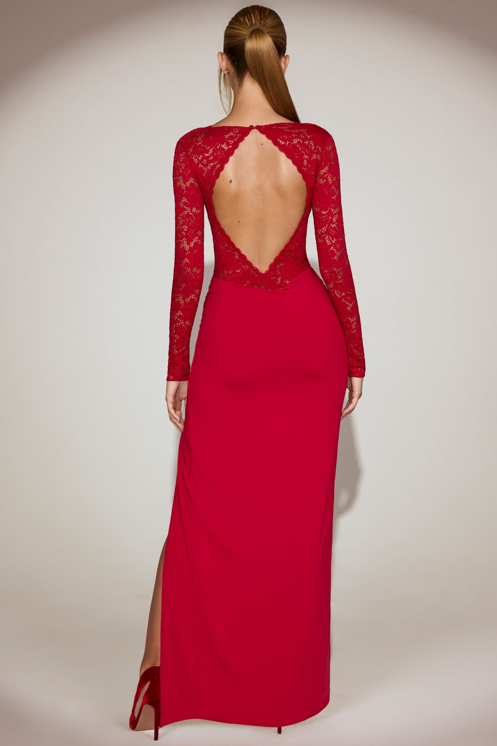 Lace Scalloped Plunge-Neck Maxi Dress in True Red - Image 5