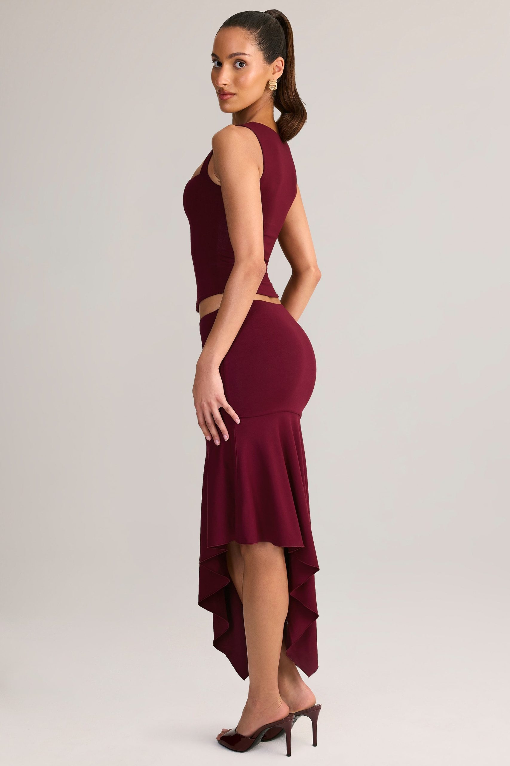 Modal Low-Rise Asymmetric Midaxi Skirt in Wine - Image 4