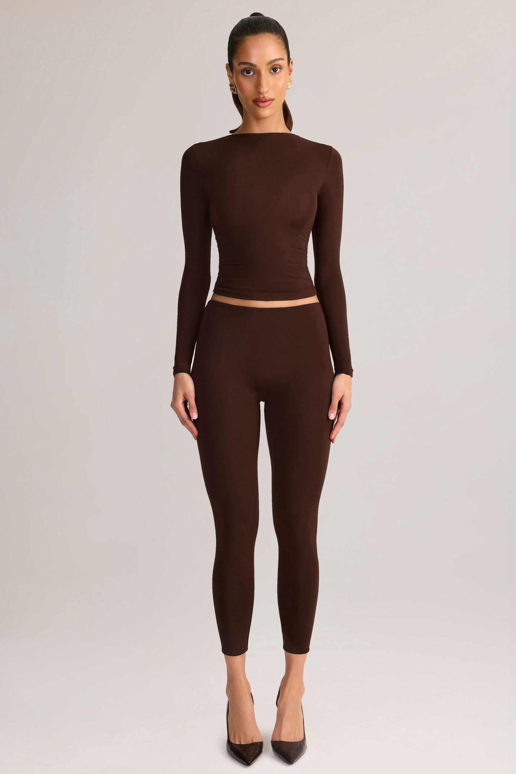 Modal Mid-Rise Cropped Leggings in Chocolate Brown - Image 6