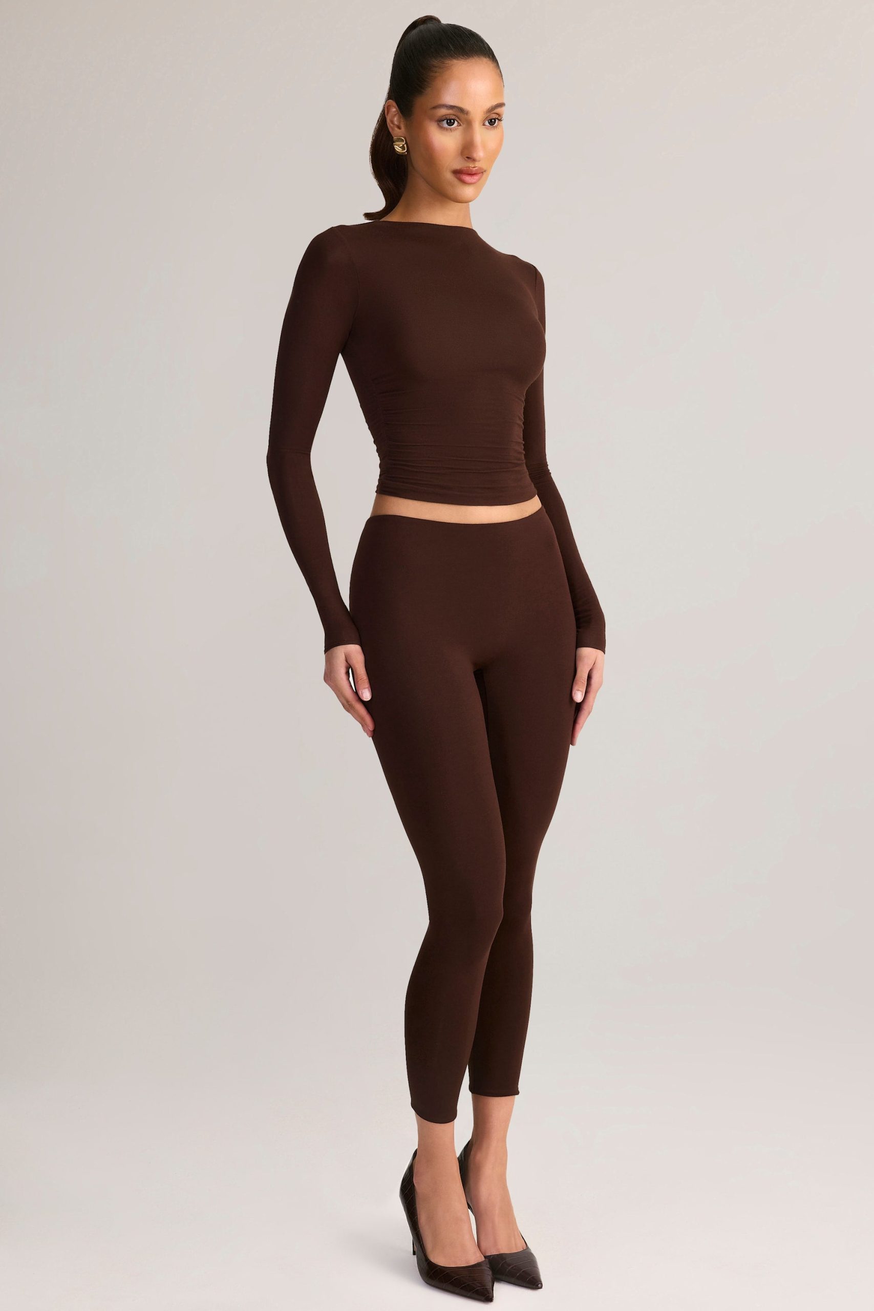 Modal Mid-Rise Cropped Leggings in Chocolate Brown - Image 4