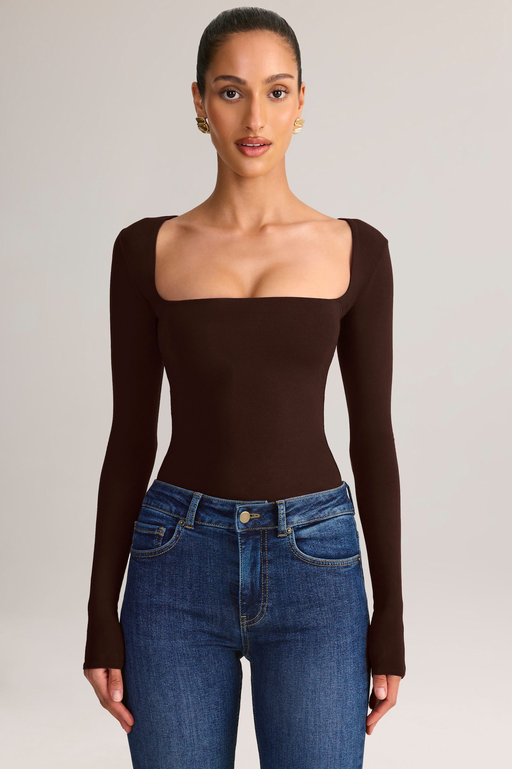 Modal Square-Neck Long-Sleeve Top in Chocolate Brown - Image 5