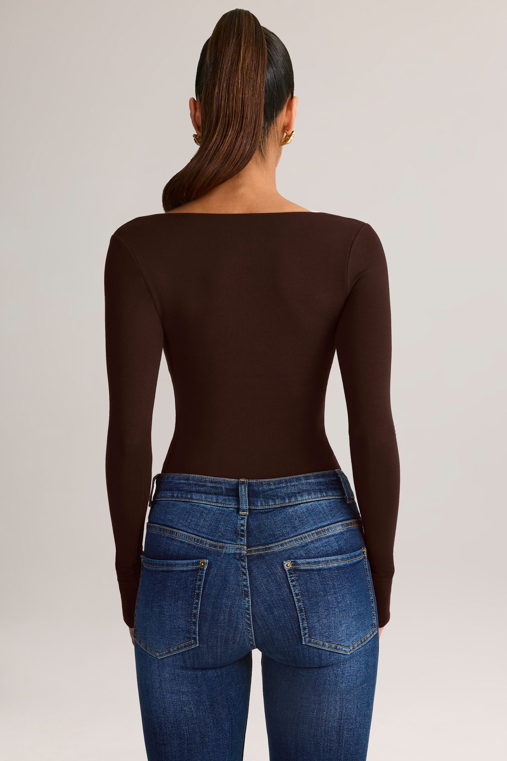 Modal Square-Neck Long-Sleeve Top in Chocolate Brown - Image 2