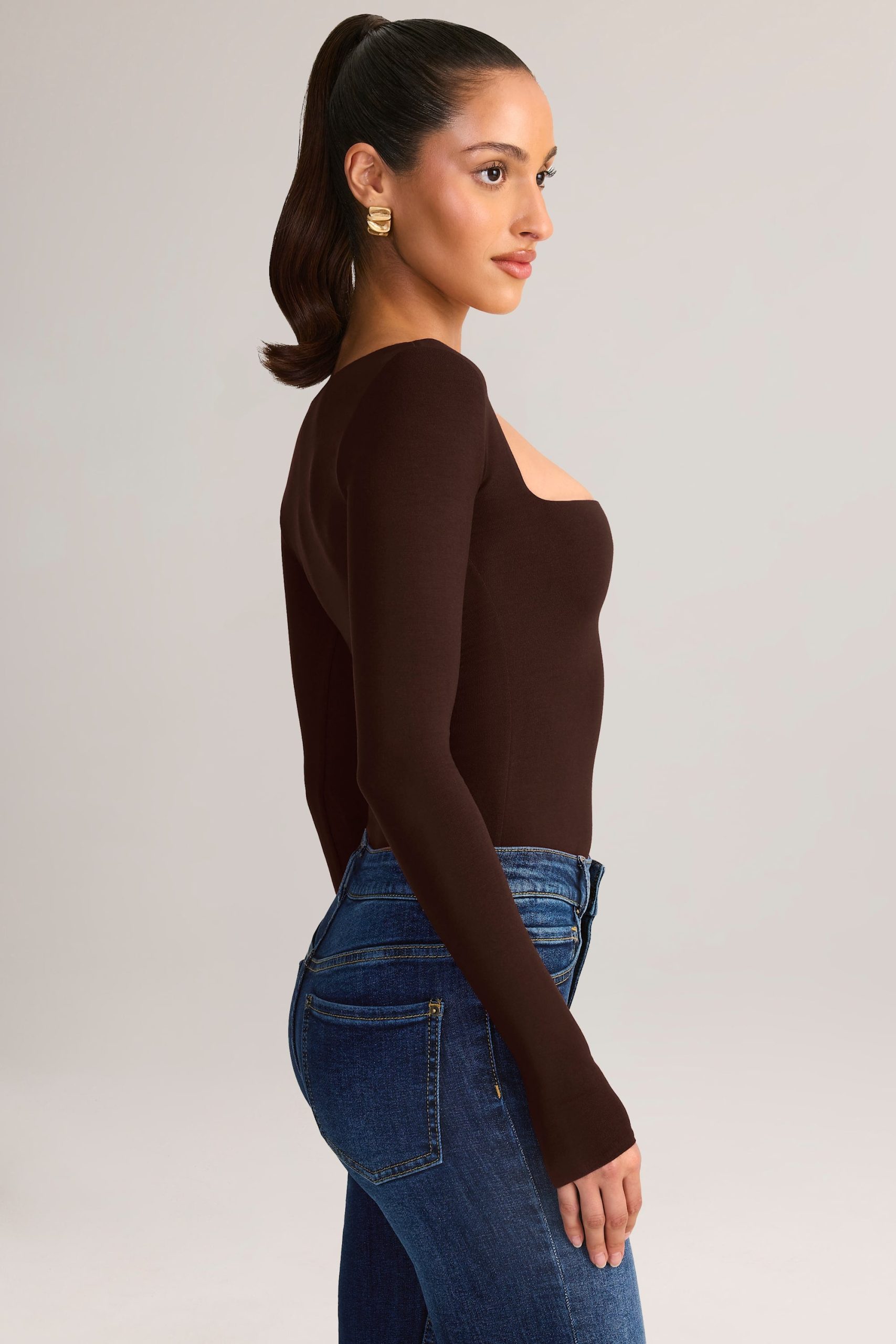 Modal Square-Neck Long-Sleeve Top in Chocolate Brown - Image 3