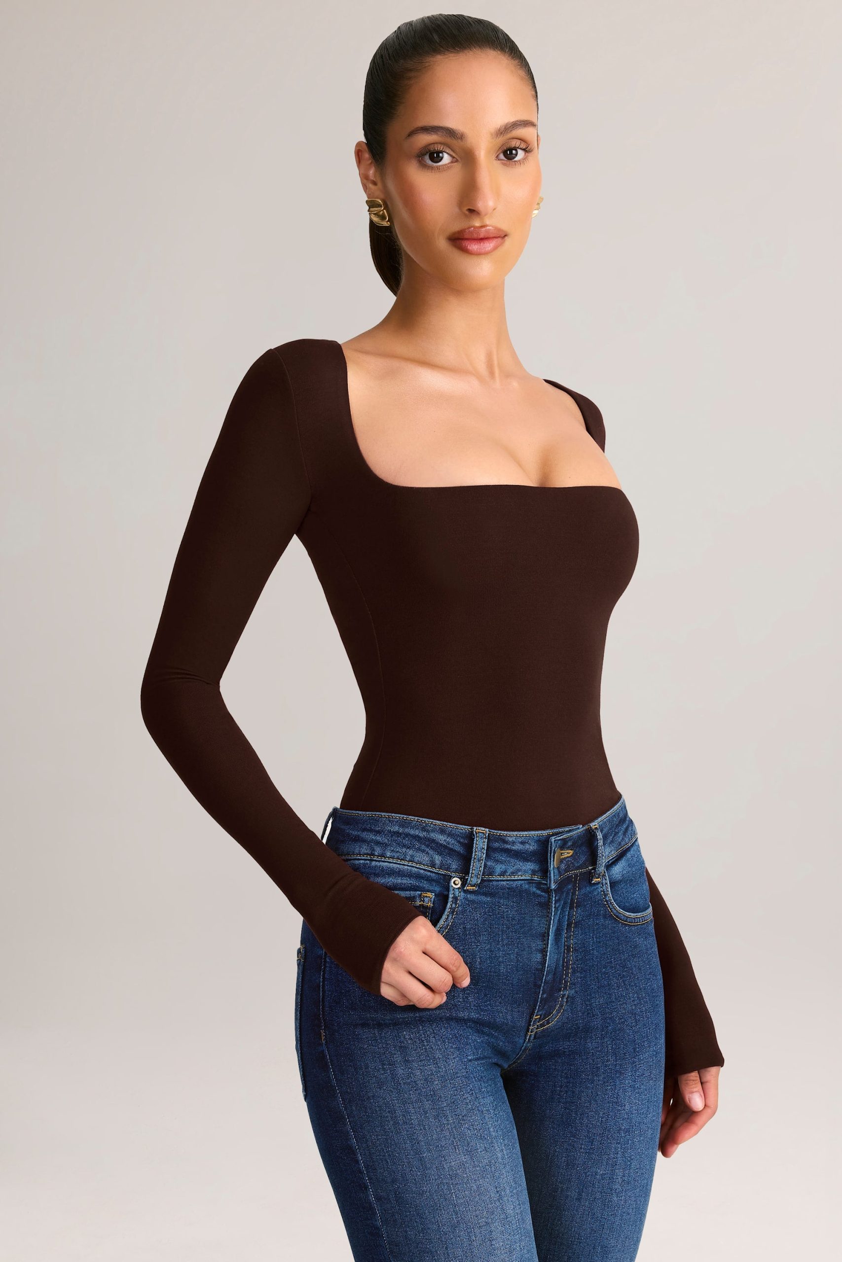 Modal Square-Neck Long-Sleeve Top in Chocolate Brown - Image 4