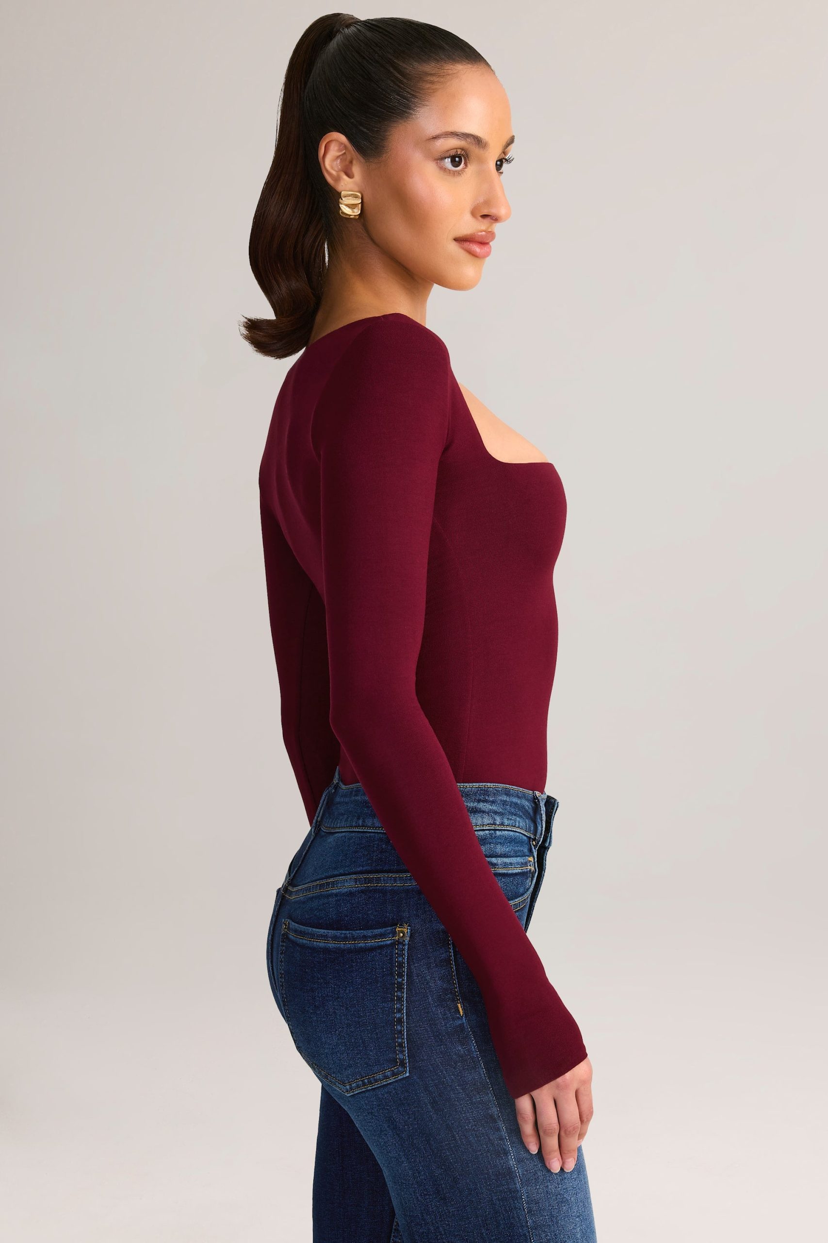 Modal Square-Neck Long-Sleeve Top in Wine - Image 3
