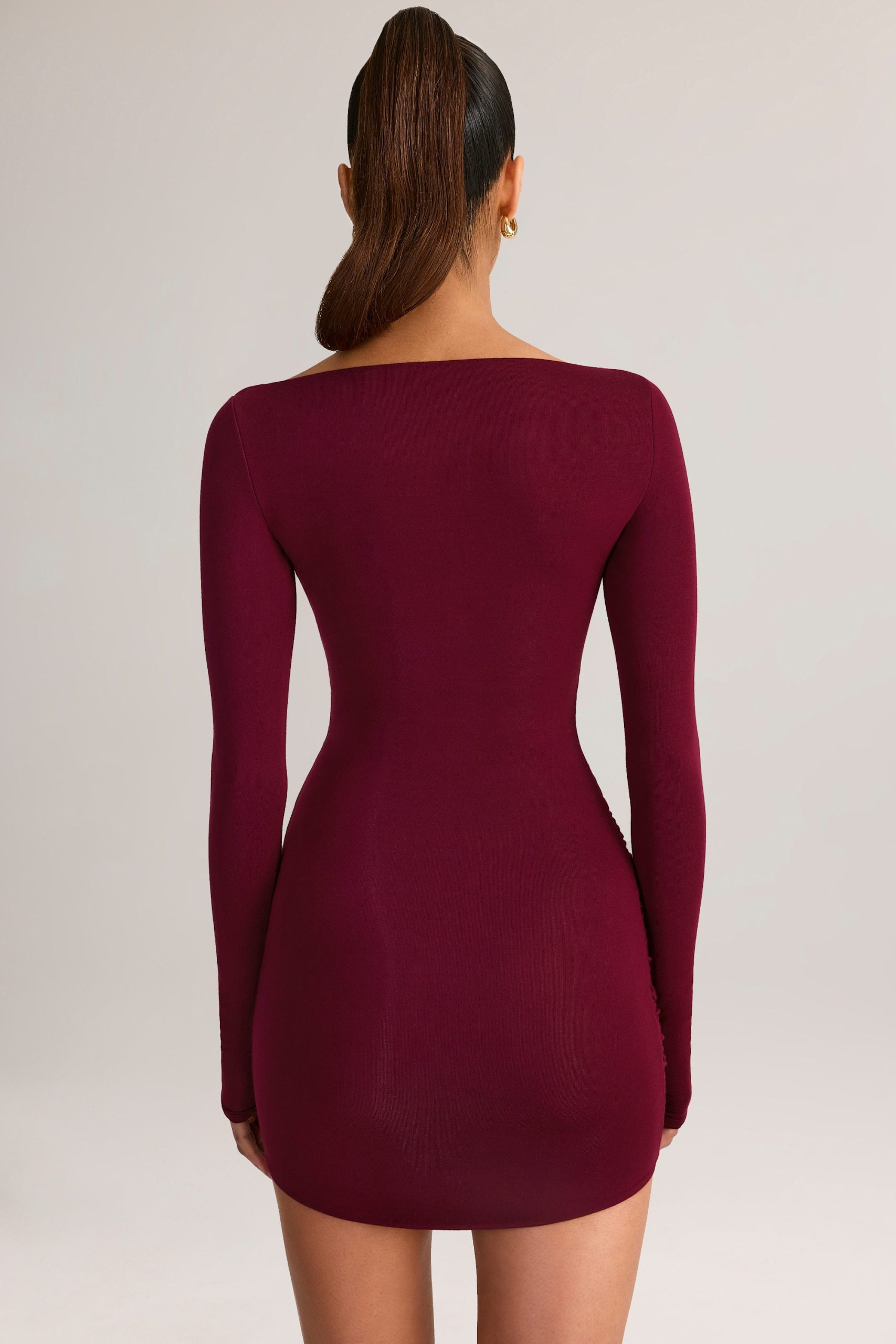 Modal Boat-Neck Draped Long-Sleeve Mini Dress in Wine - Image 2