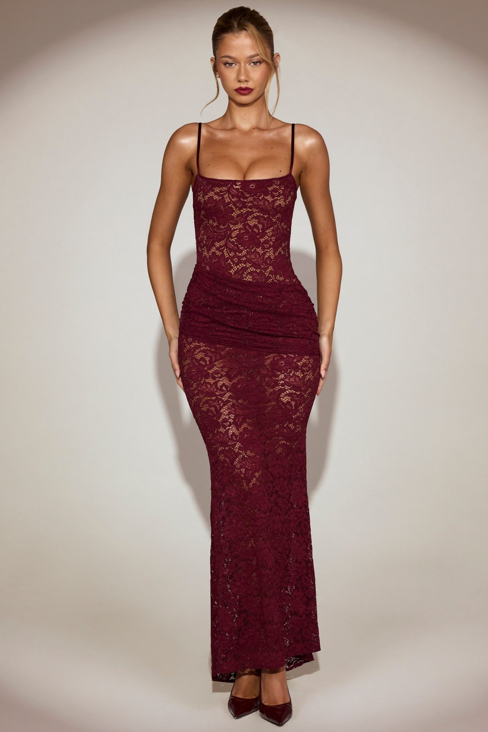 Sheer Lace Square-Neck Ruched Gown in Wine Red - Image 7